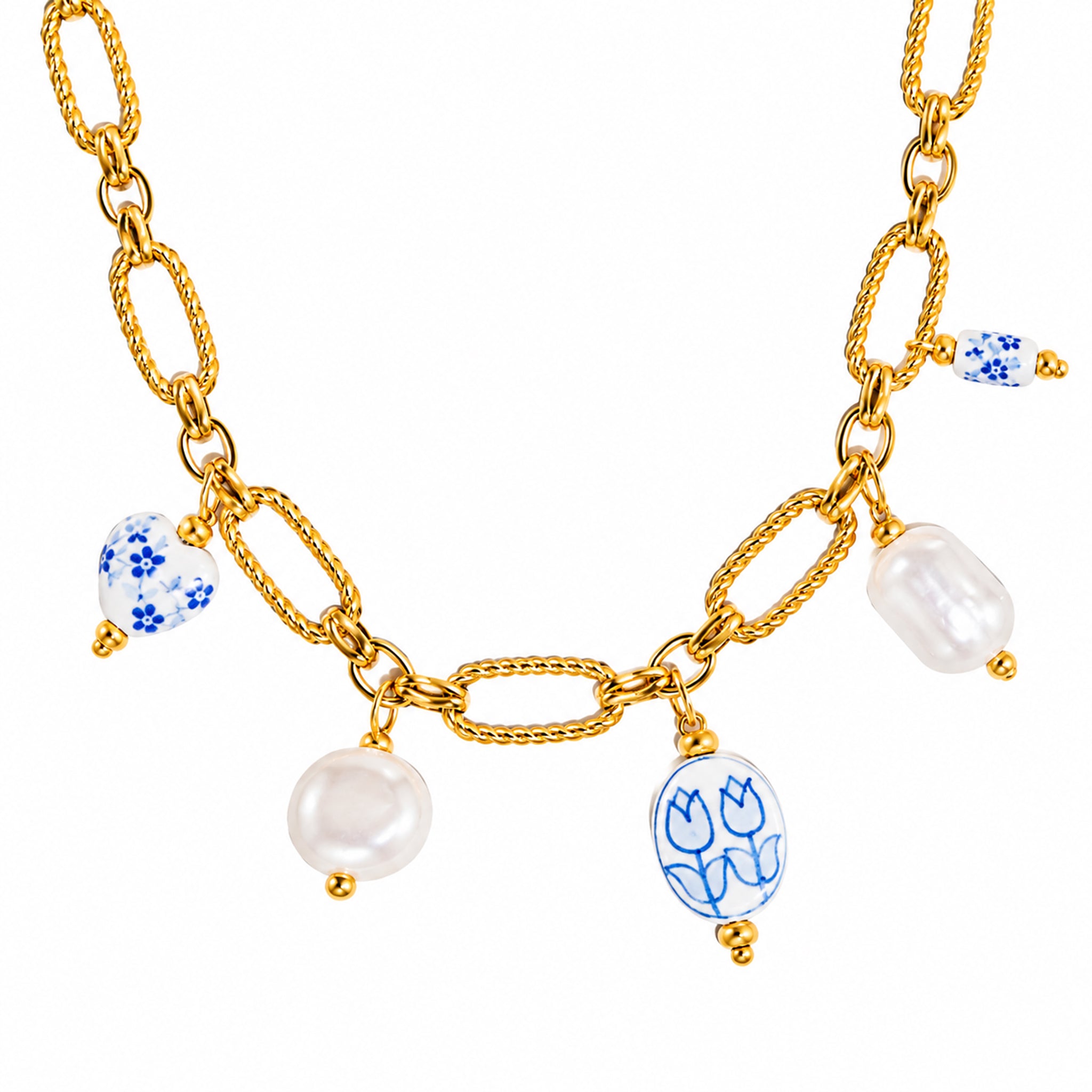 Flanerie Riela Blue Floral Ceramic and Faux Pearl Statement Charm Necklace in Gold Plated