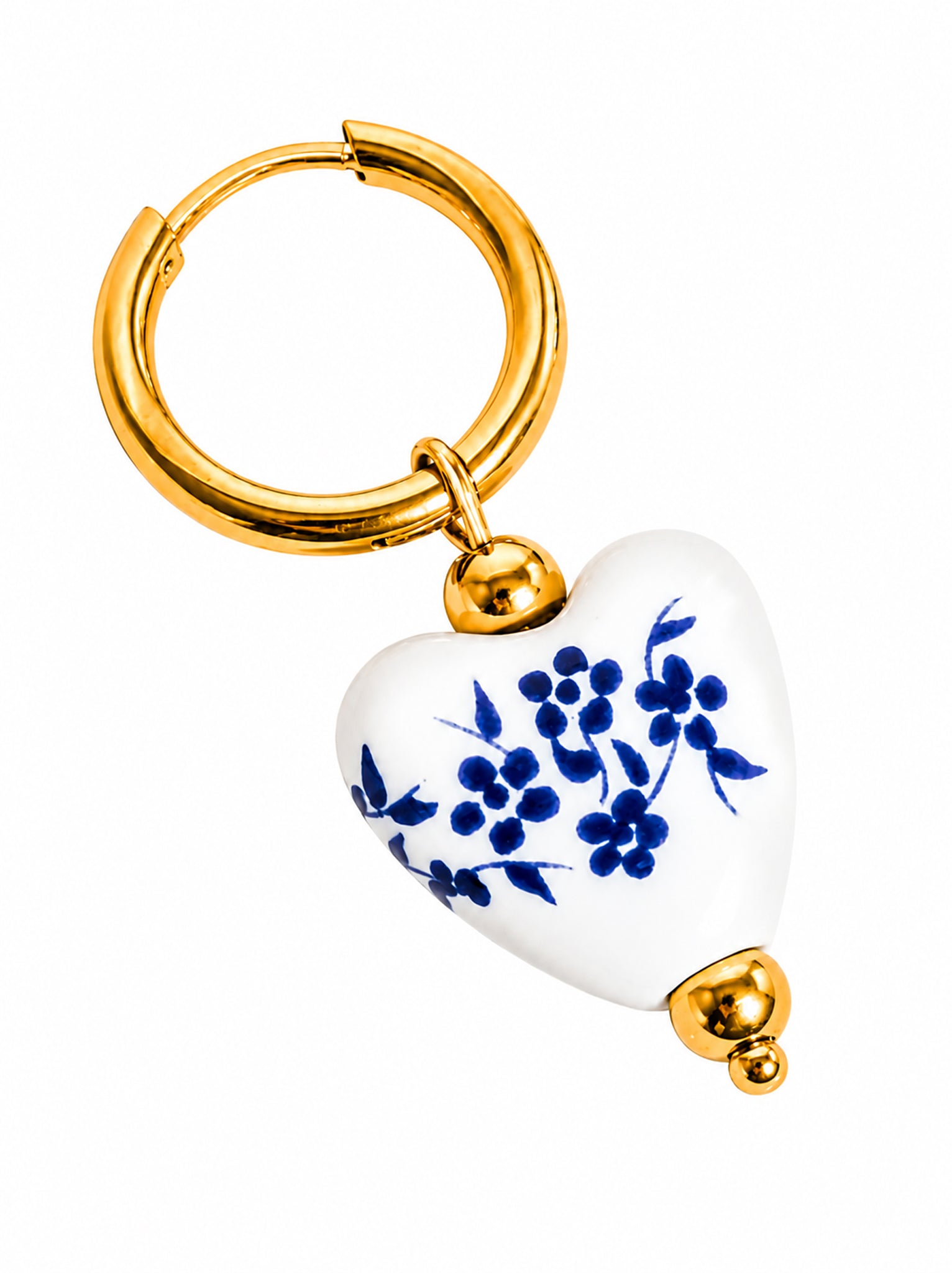 Flanerie Yun Blue Floral Ceramic Heart Dangle Hoop Earrings in Gold Plated