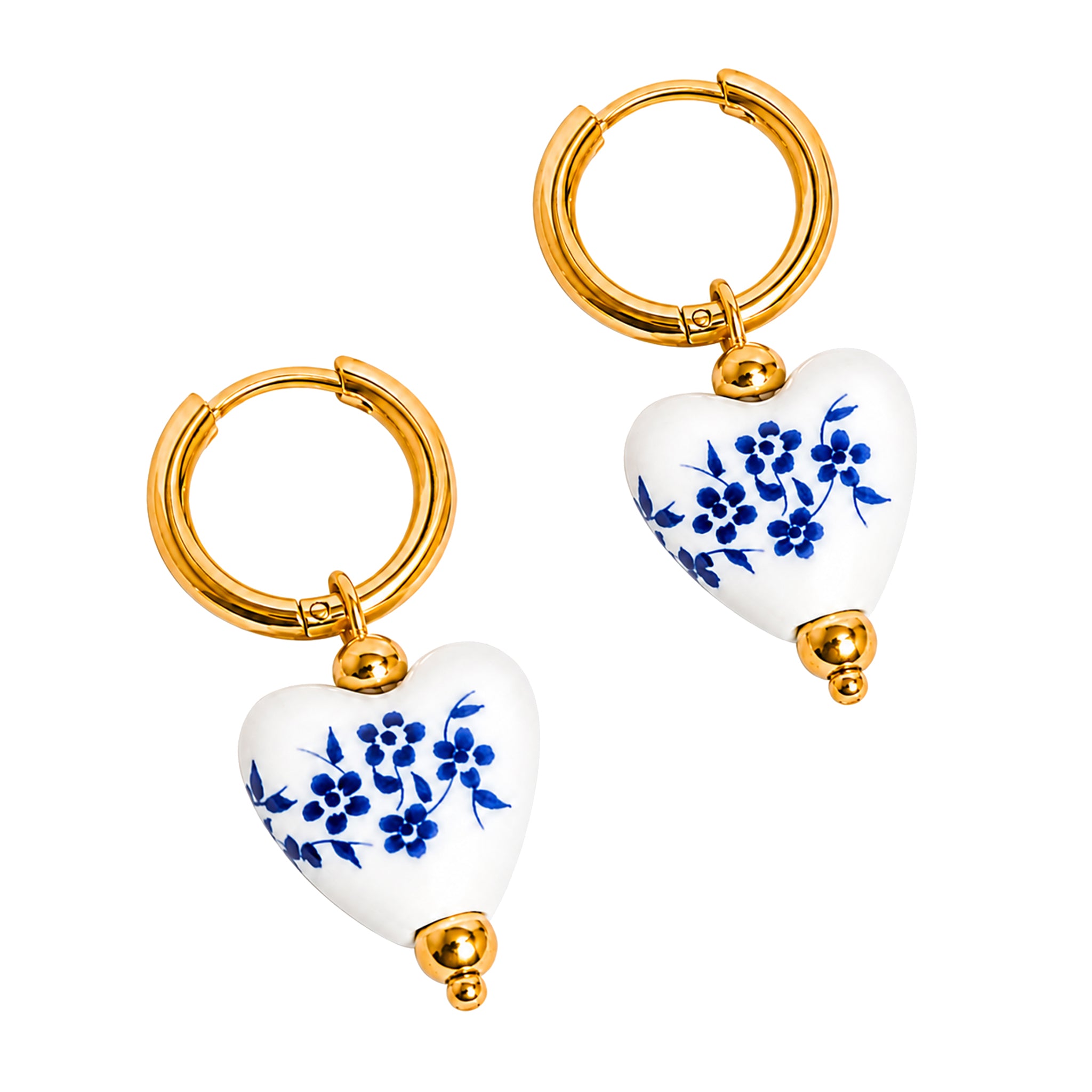 Flanerie Yun Blue Floral Ceramic Heart Dangle Hoop Earrings in Gold Plated
