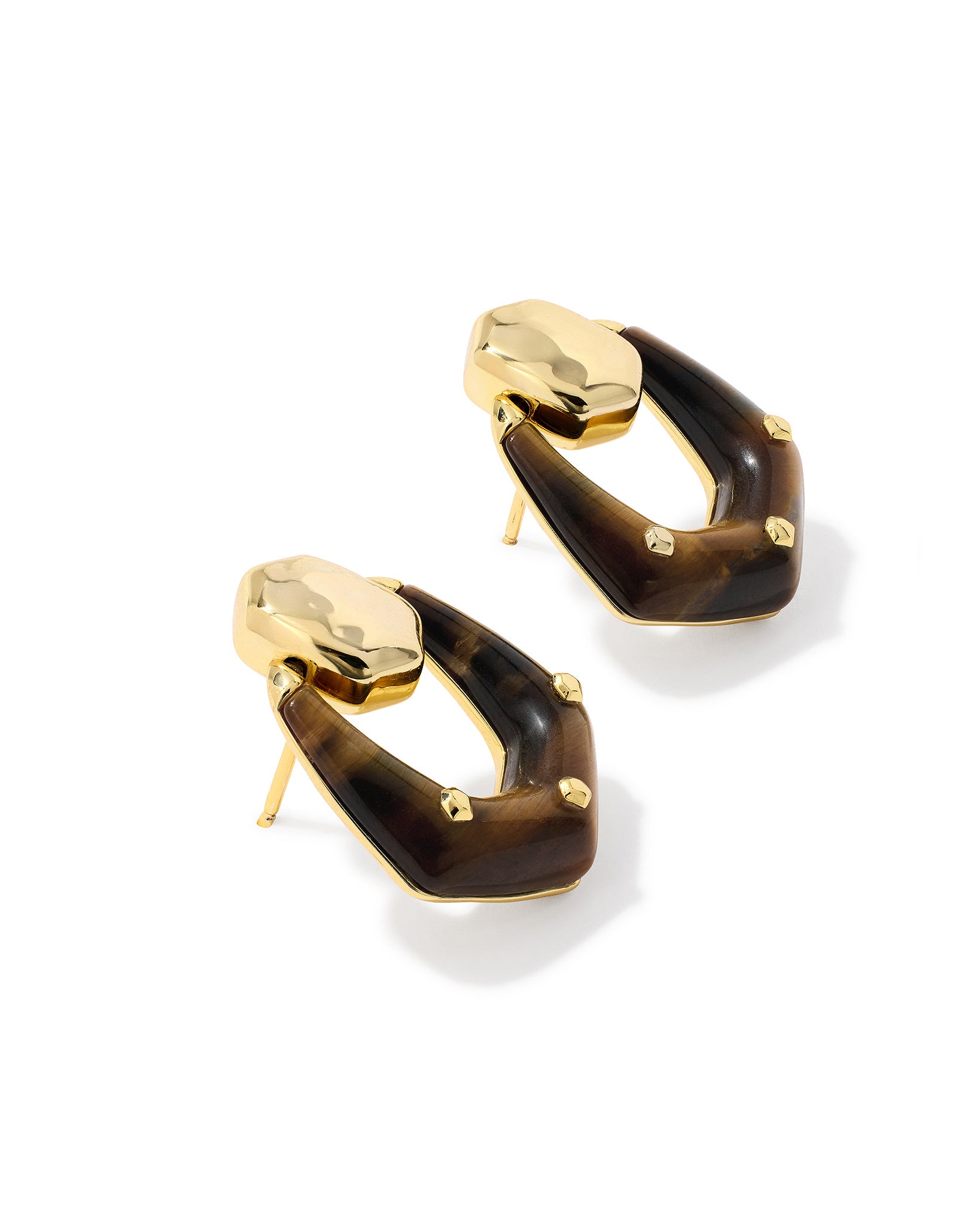 Kendra Scott Embry Open Frame Stud Drop Earrings in Dark Brown Hawks Eye and Gold Plated