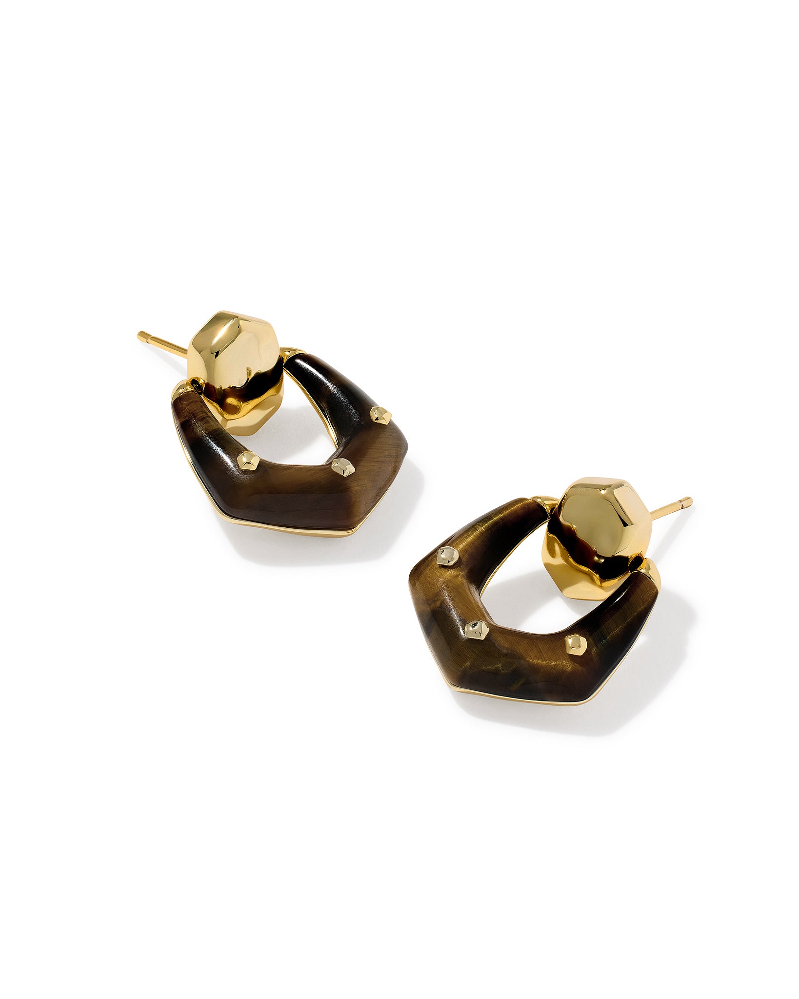 Kendra Scott Embry Open Frame Stud Drop Earrings in Dark Brown Hawks Eye and Gold Plated