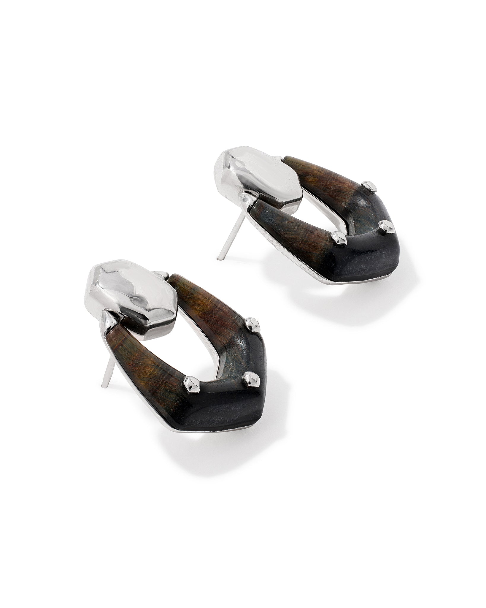 Kendra Scott Embry Open Frame Stud Drop Earrings in Dark Brown Hawks Eye and Rhodium Plated