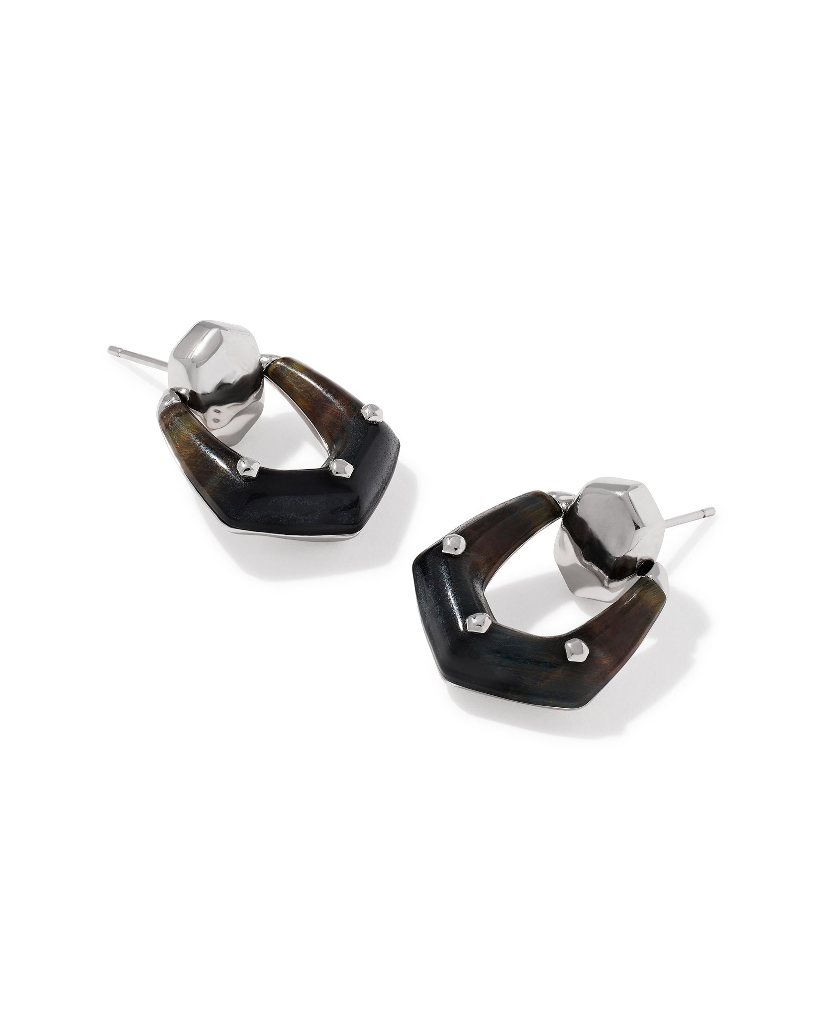 Kendra Scott Embry Open Frame Stud Drop Earrings in Dark Brown Hawks Eye and Rhodium Plated