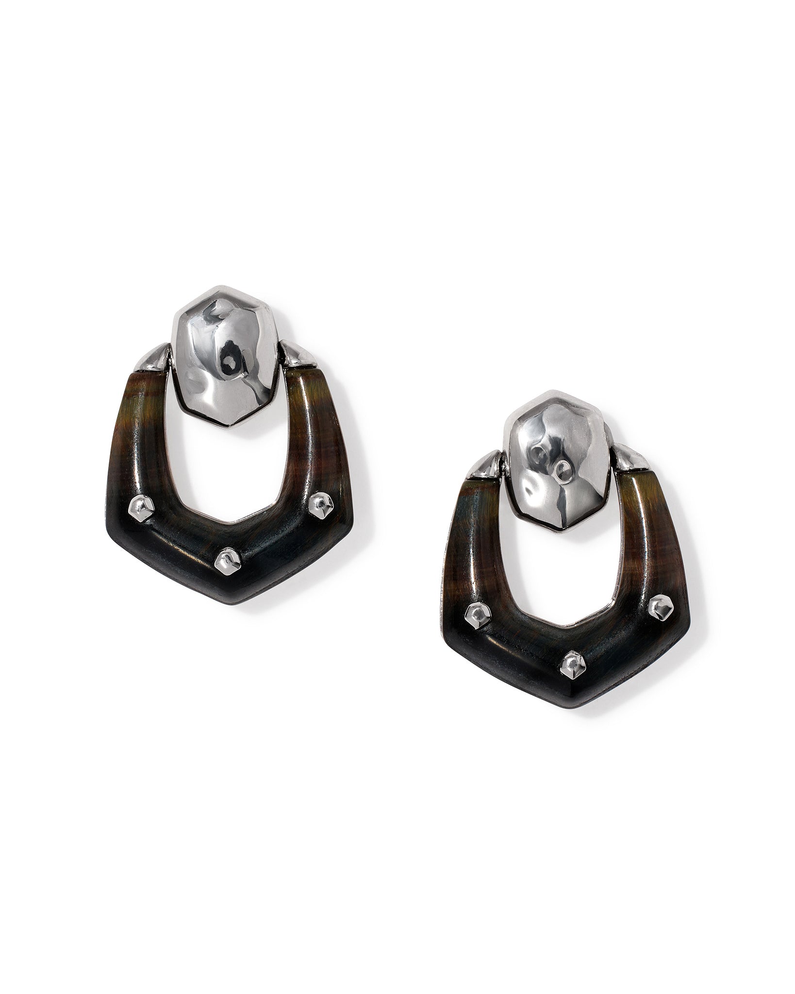 Kendra Scott Embry Open Frame Stud Drop Earrings in Dark Brown Hawks Eye and Rhodium Plated