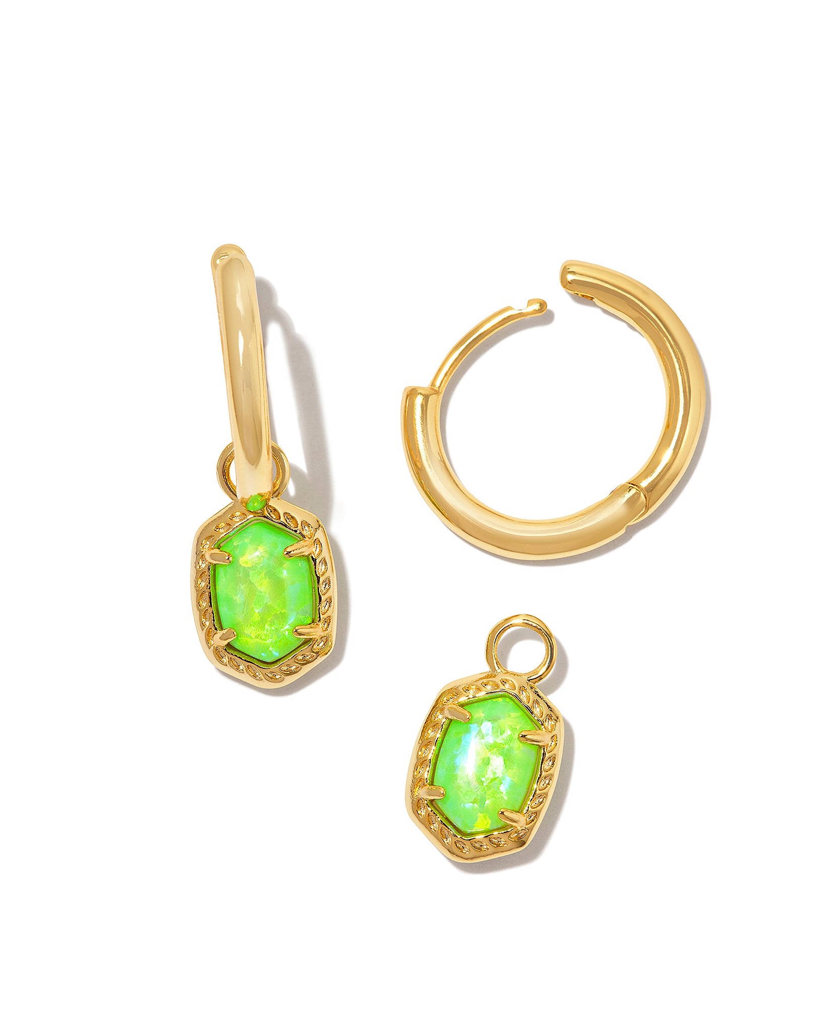 Kendra Scott Daphne Framed Huggie Hoop Earrings in Bright Green Kyocera Opal and Gold
