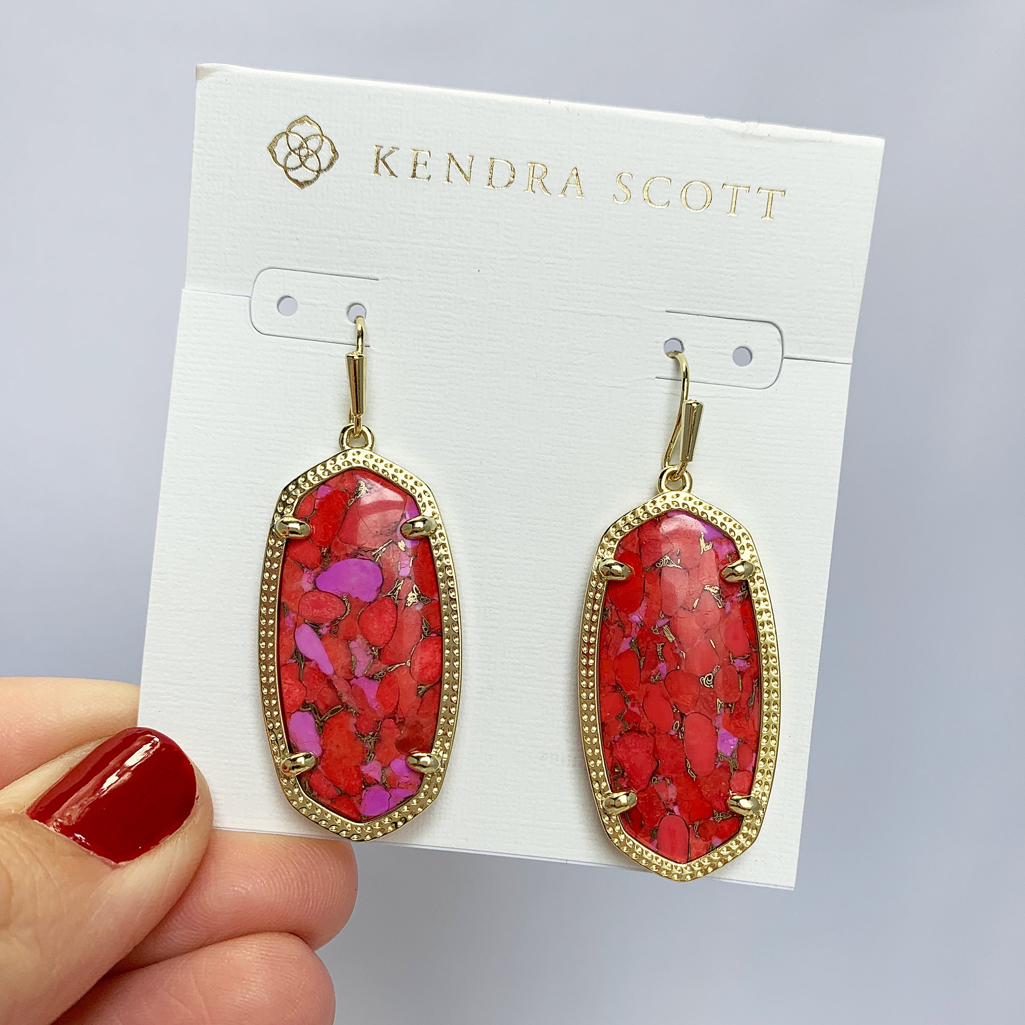 Kendra Scott Elle Oval Dangle Earrings in Bronze Veined Red and Fuchsia Magnesite