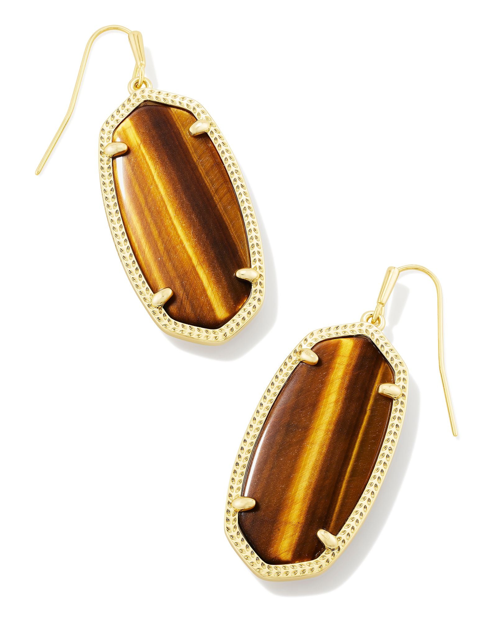 Kendra Scott Elle Oval Dangle Earrings in Brown Tigers Eye and Gold Plated