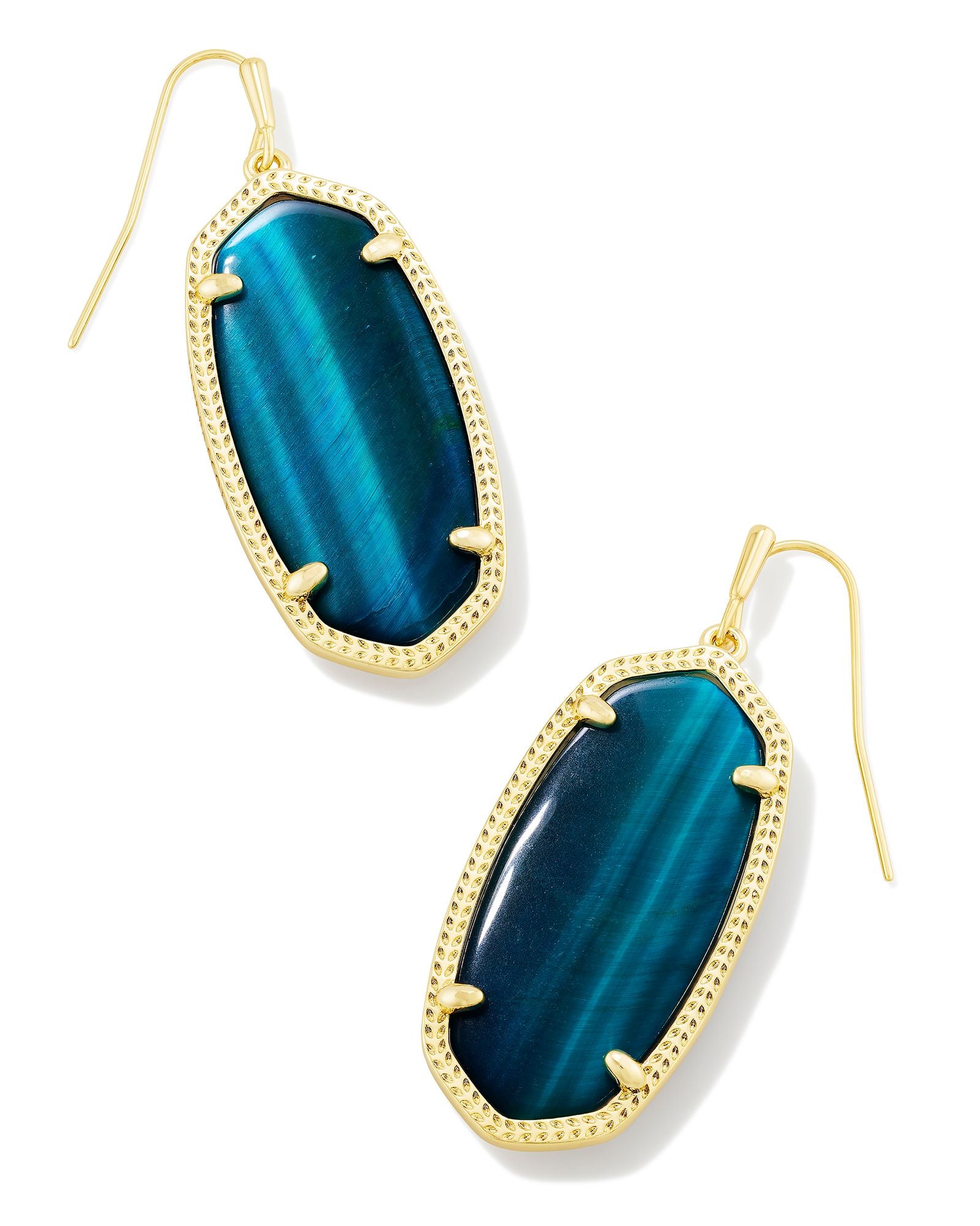 Kendra Scott Elle Oval Dangle Earrings in Teal Tigers Eye and Gold Plated