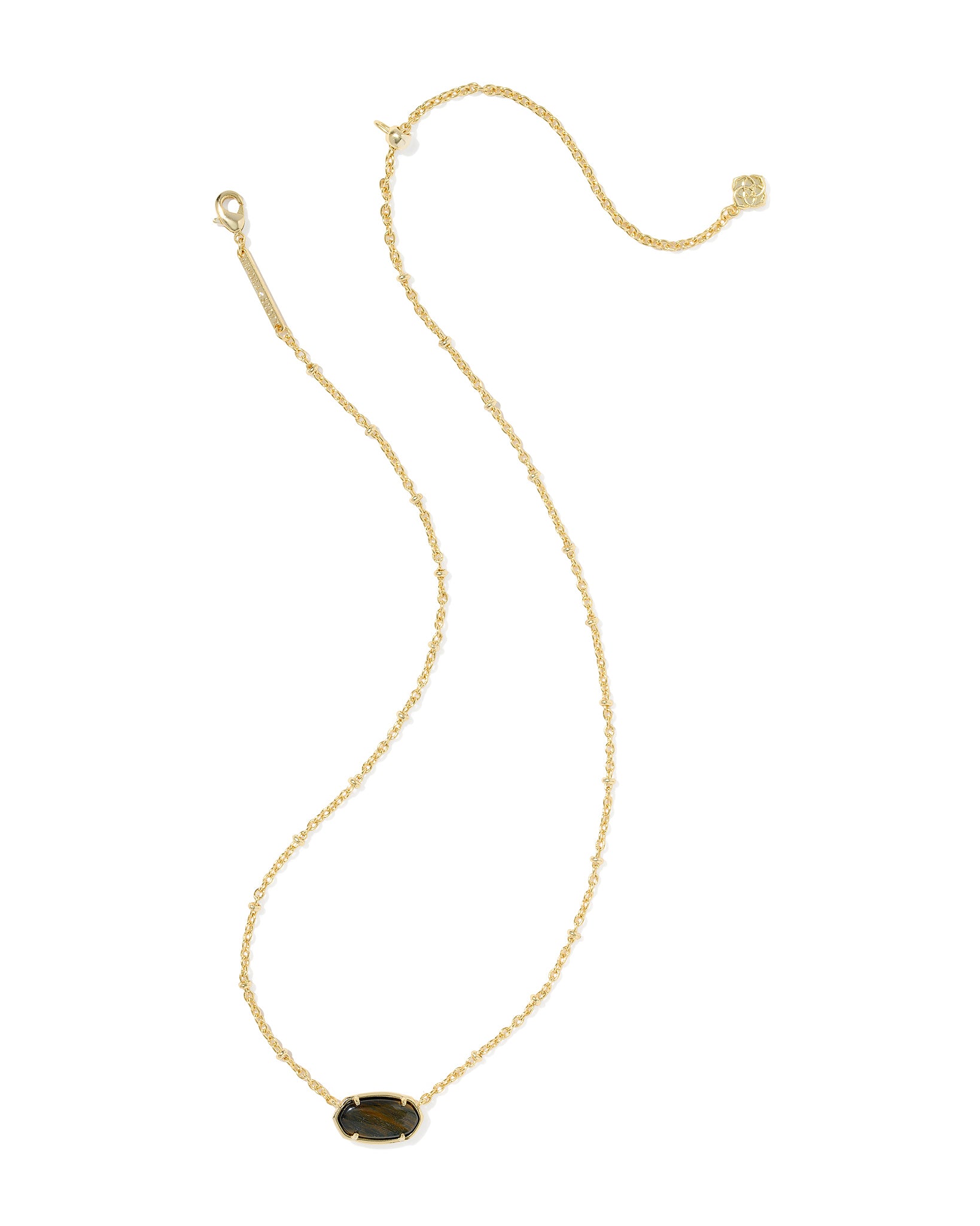 Kendra Scott Tiger Striped Elisa Oval Short Pendant Necklace in Dark Brown Hawks Eye and Gold Plated