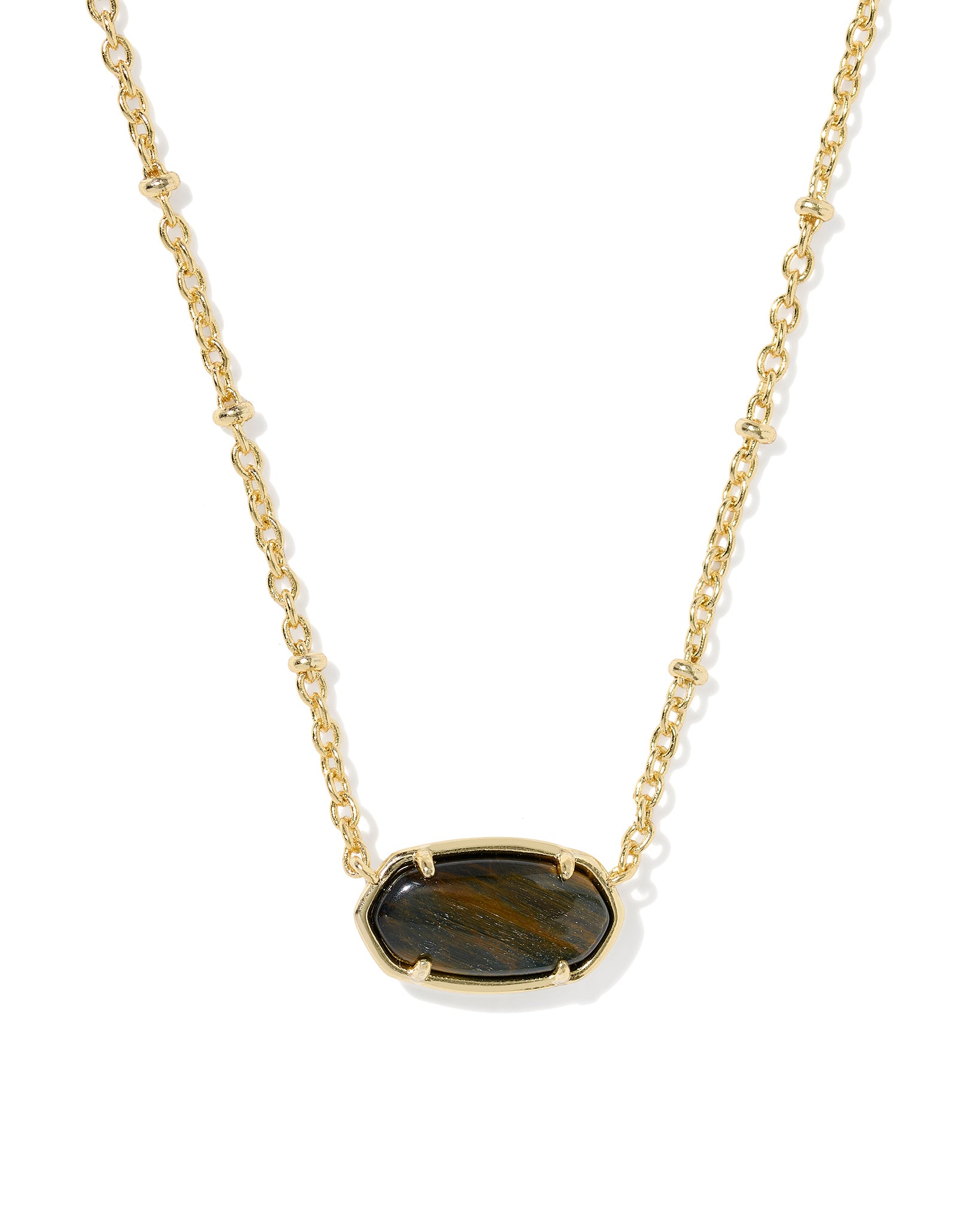 Kendra Scott Tiger Striped Elisa Oval Short Pendant Necklace in Dark Brown Hawks Eye and Gold Plated