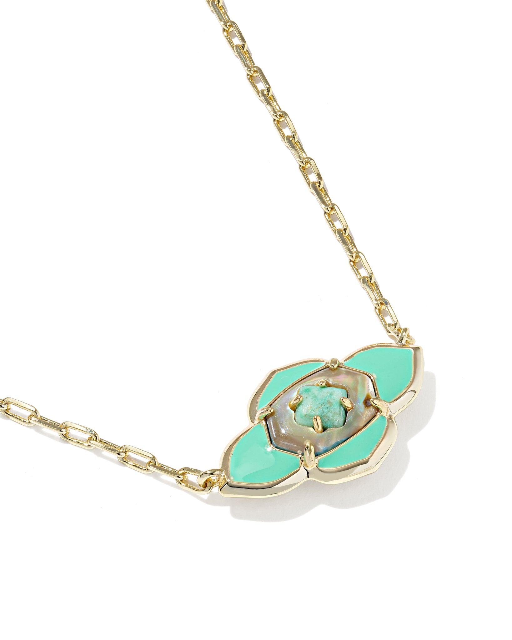 Kendra Scott Abbie Medallion Short Pendant Necklace in Abalone Sea Green Mix and Gold Plated