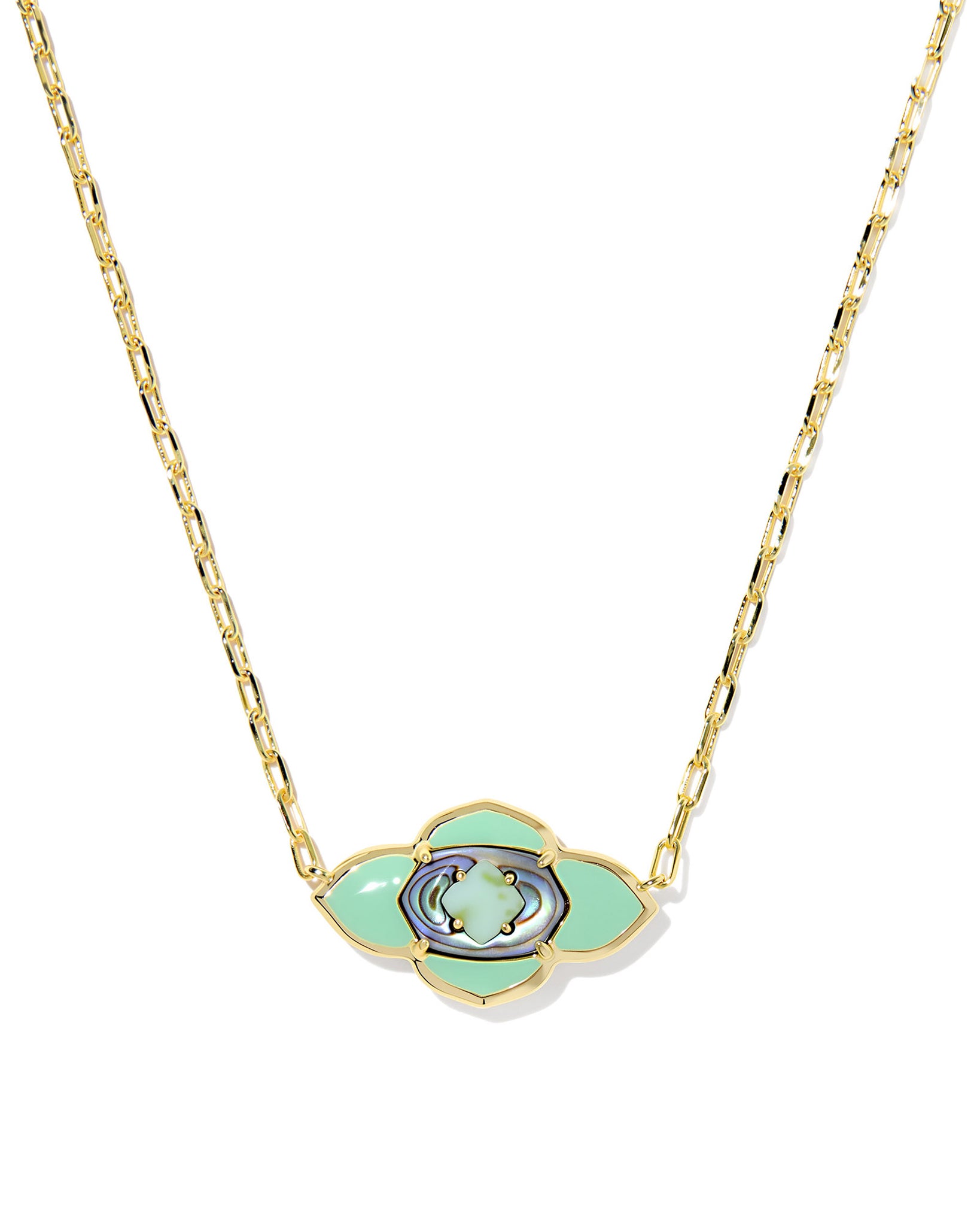 Kendra Scott Abbie Medallion Short Pendant Necklace in Abalone Sea Green Mix and Gold Plated