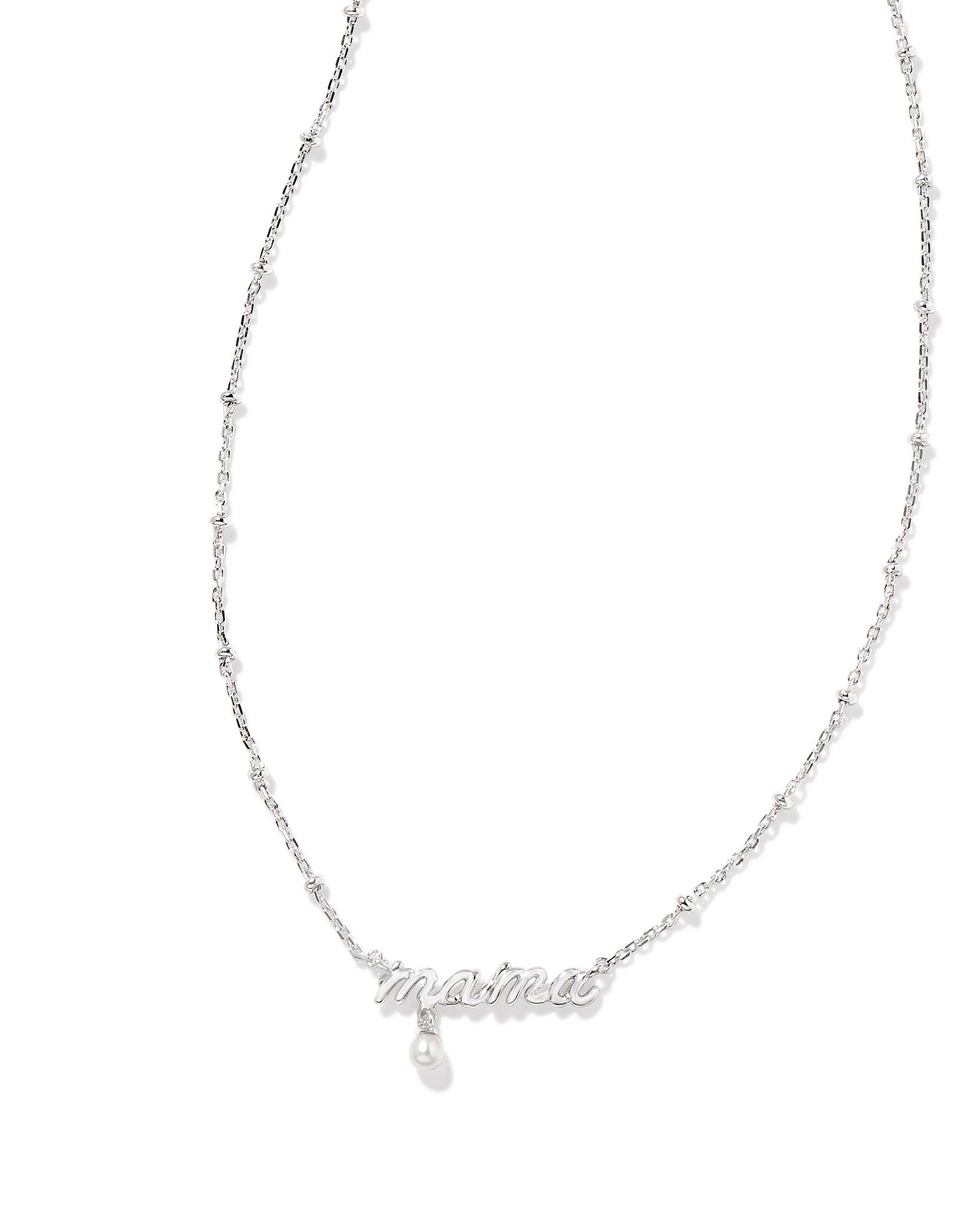 Kendra Scott MAMA Script Satellite Chain Pendant Necklace in White Pearl and Rhodium Plated