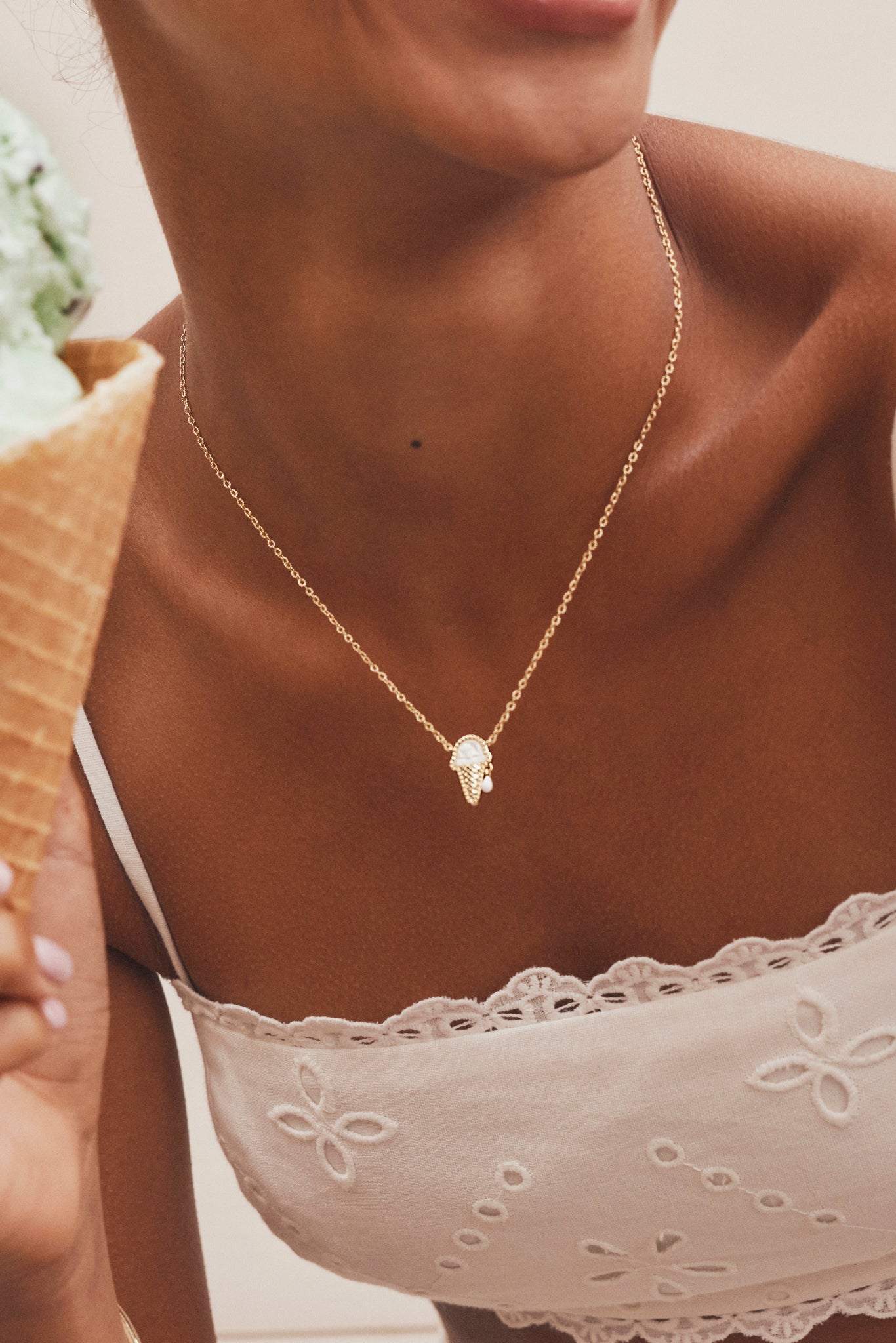 Kendra Scott Ice Cream Cone Short Pendant Necklace in Mint Mother of Pearl and Rhodium Plated