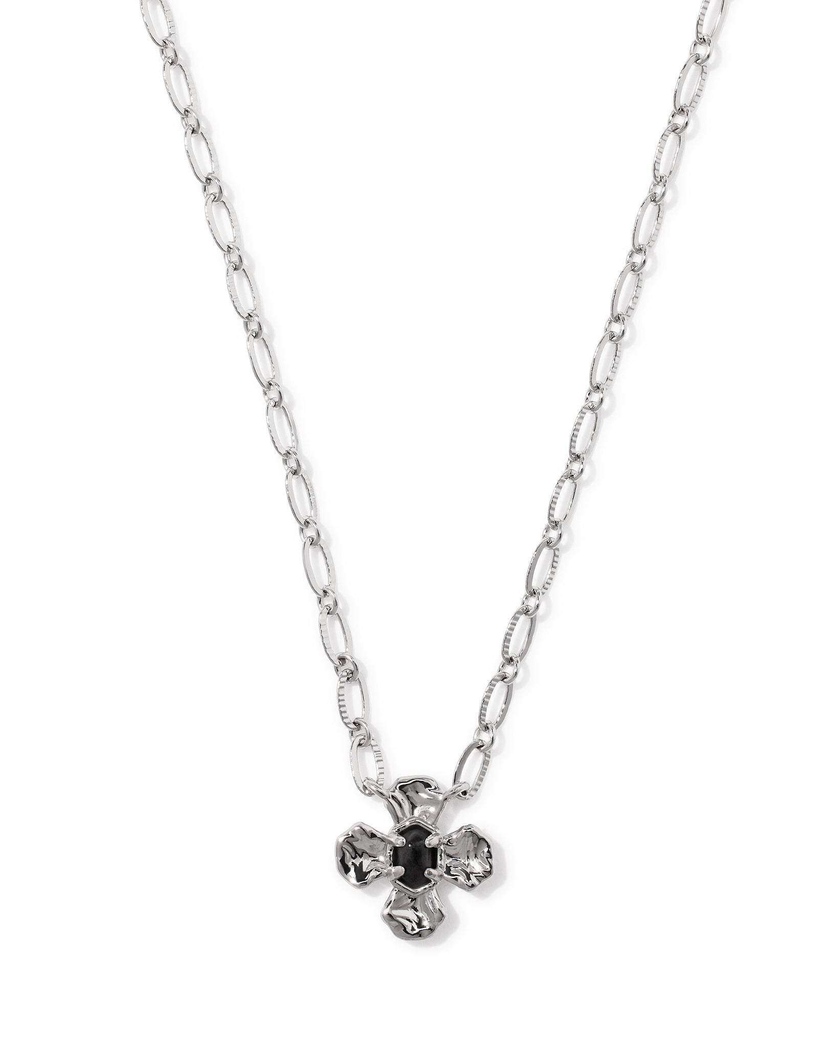 Kendra Scott Leanne Floral Short Pendant Necklace in Black Granite and Rhodium Plated