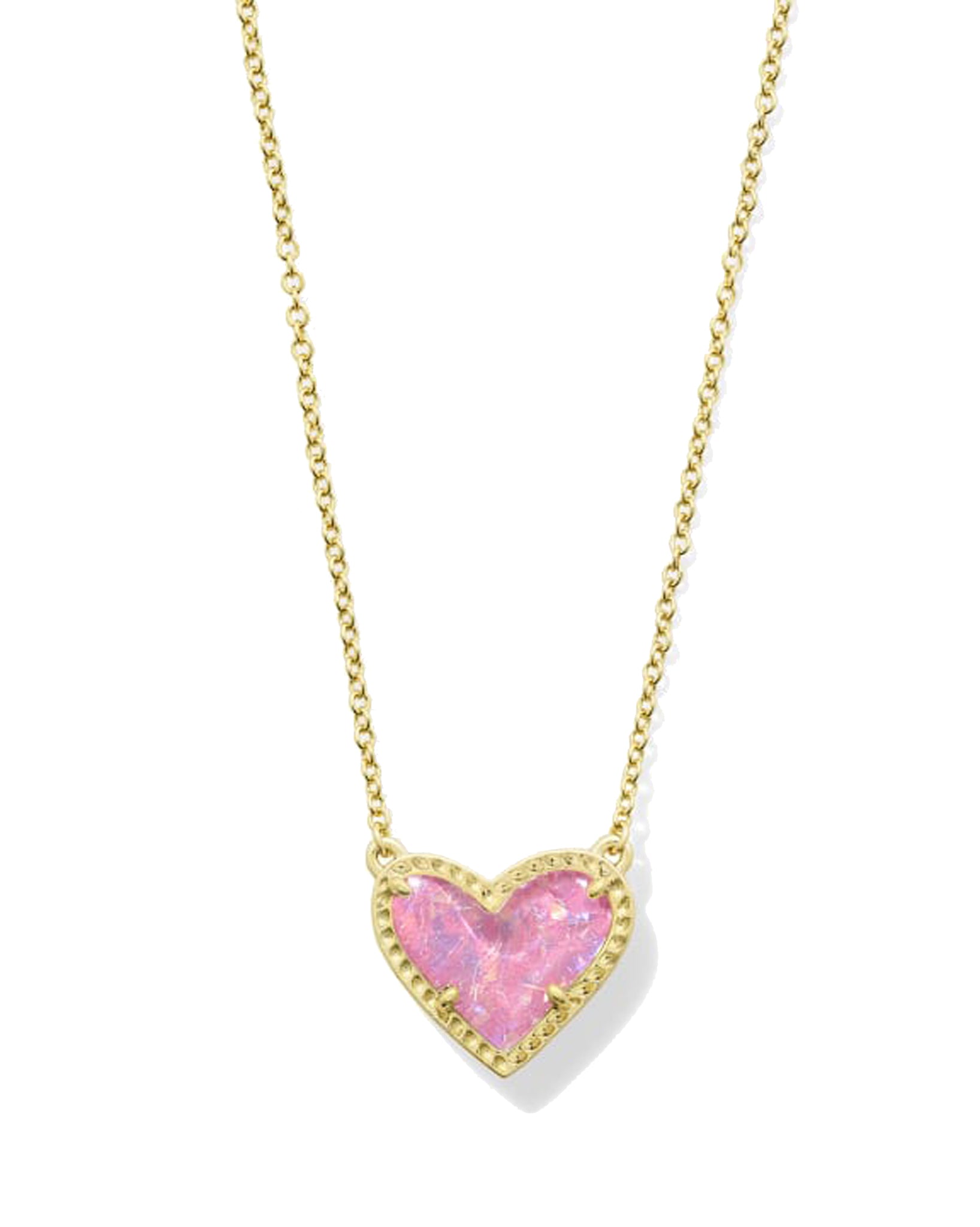 Kendra Scott Ari Heart Pendant Necklace in Pink Iridescent Glitter Glass and Gold Plated