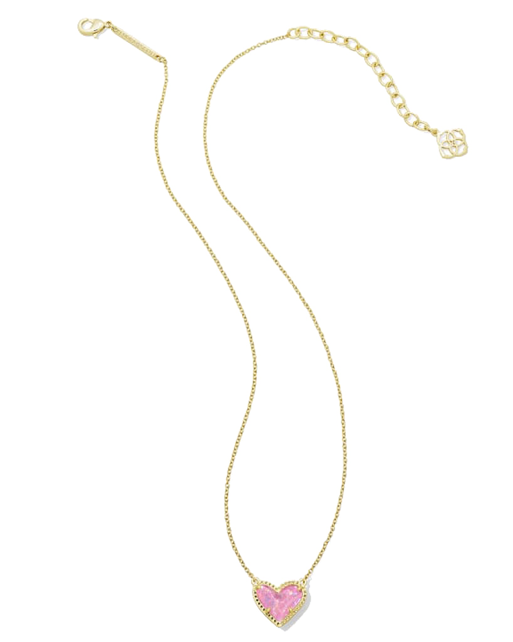 Kendra Scott Ari Heart Pendant Necklace in Pink Iridescent Glitter Glass and Gold Plated
