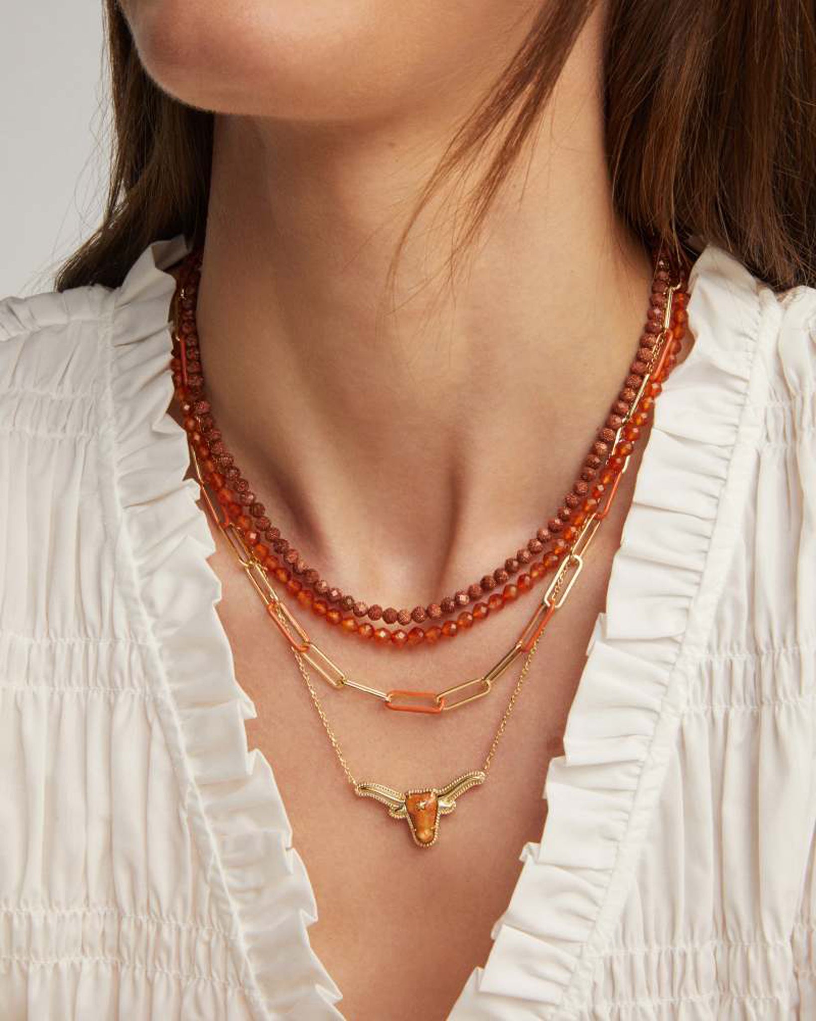 Kendra Scott Longhorn Short Pendant Necklace in Variegated Orange Magnesite and Gold Plated