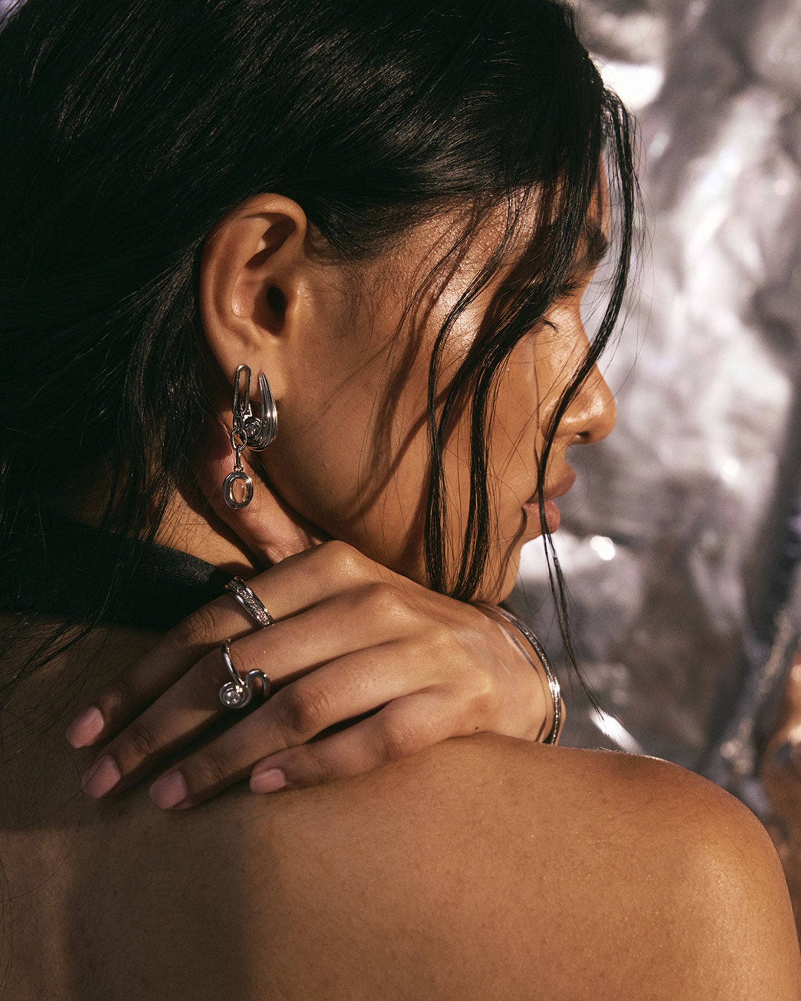 Luv Aj Wave Bezel Band Ring Set of Two in Two Tone Gold and Rhodium Silver Plated - Size 6