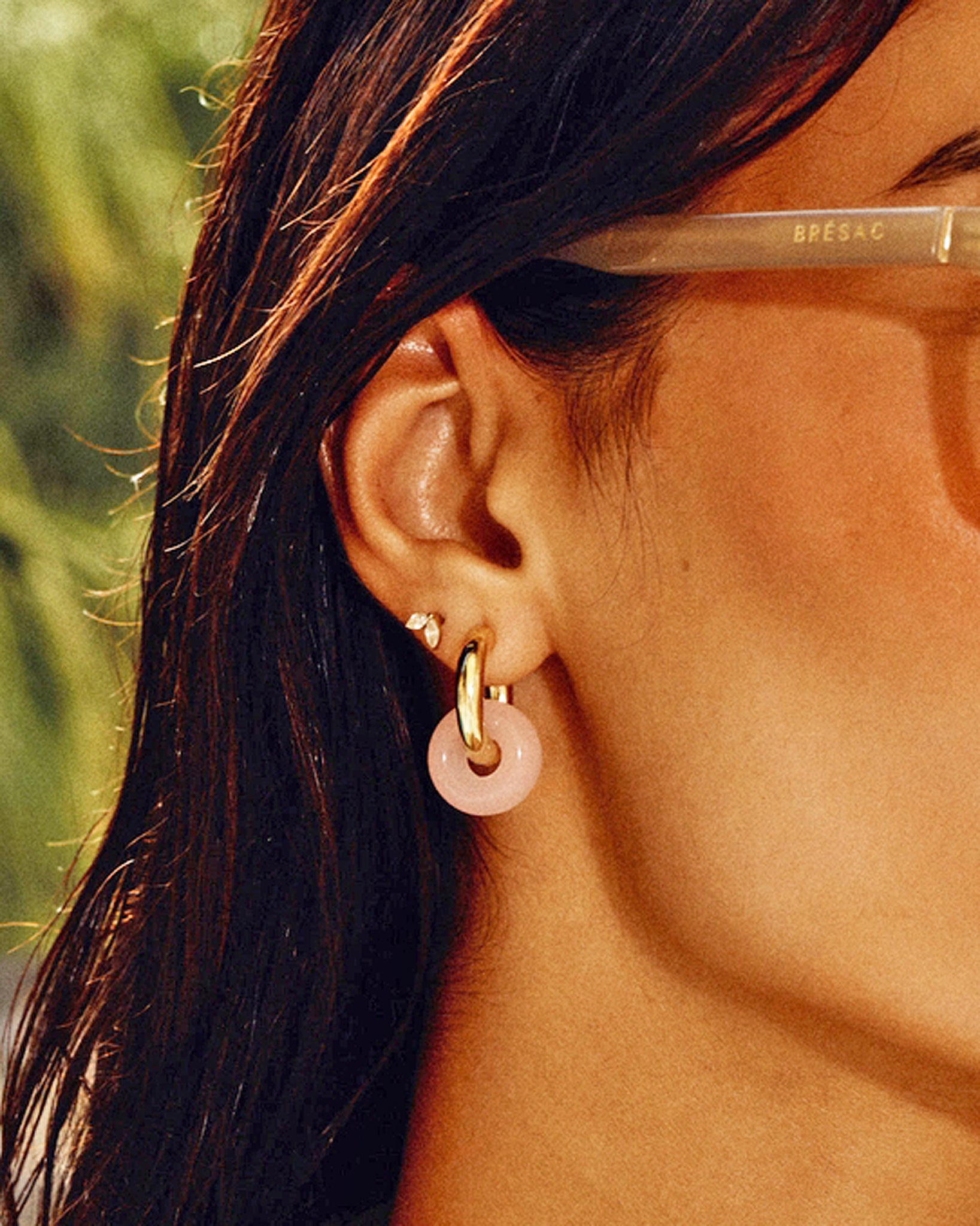 Luv Aj Rio Washer Small Interlocking Hoop Earrings in Rose Quartz and Rhodium Plated