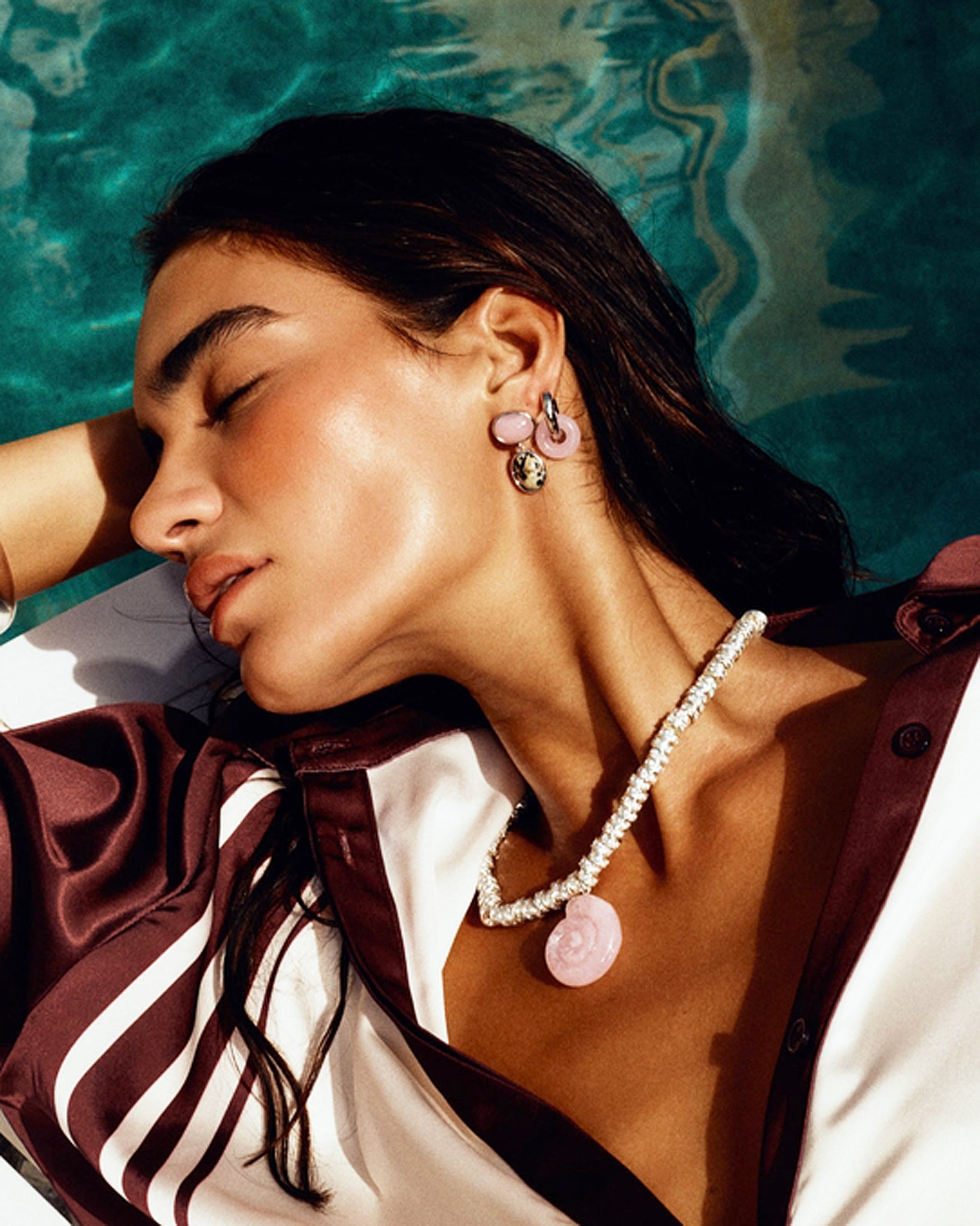 Luv Aj Rio Washer Small Interlocking Hoop Earrings in Rose Quartz and Rhodium Plated