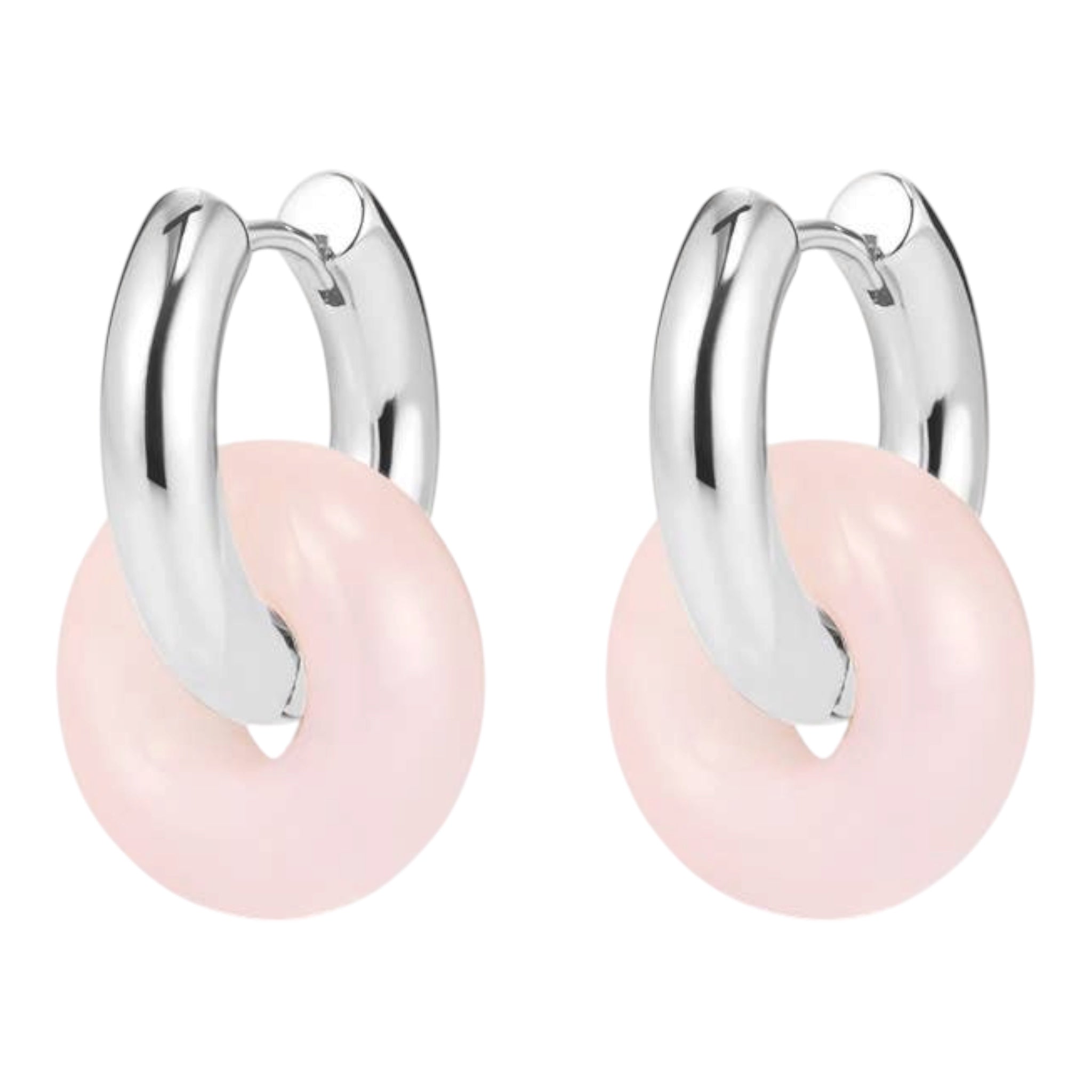 Luv Aj Rio Washer Small Interlocking Hoop Earrings in Rose Quartz and Rhodium Plated