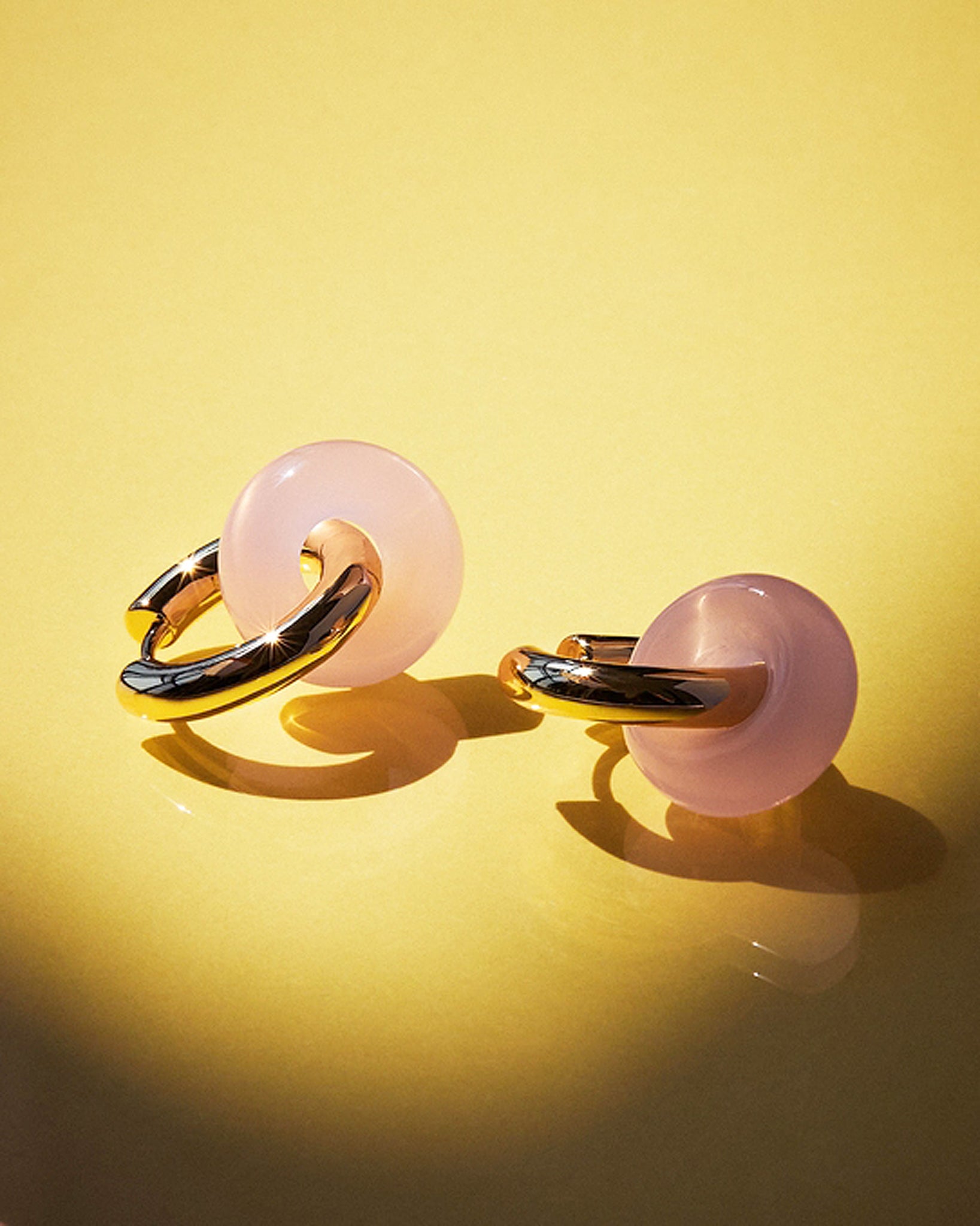 Luv Aj Rio Washer Small Interlocking Hoop Earrings in Rose Quartz and Rhodium Plated