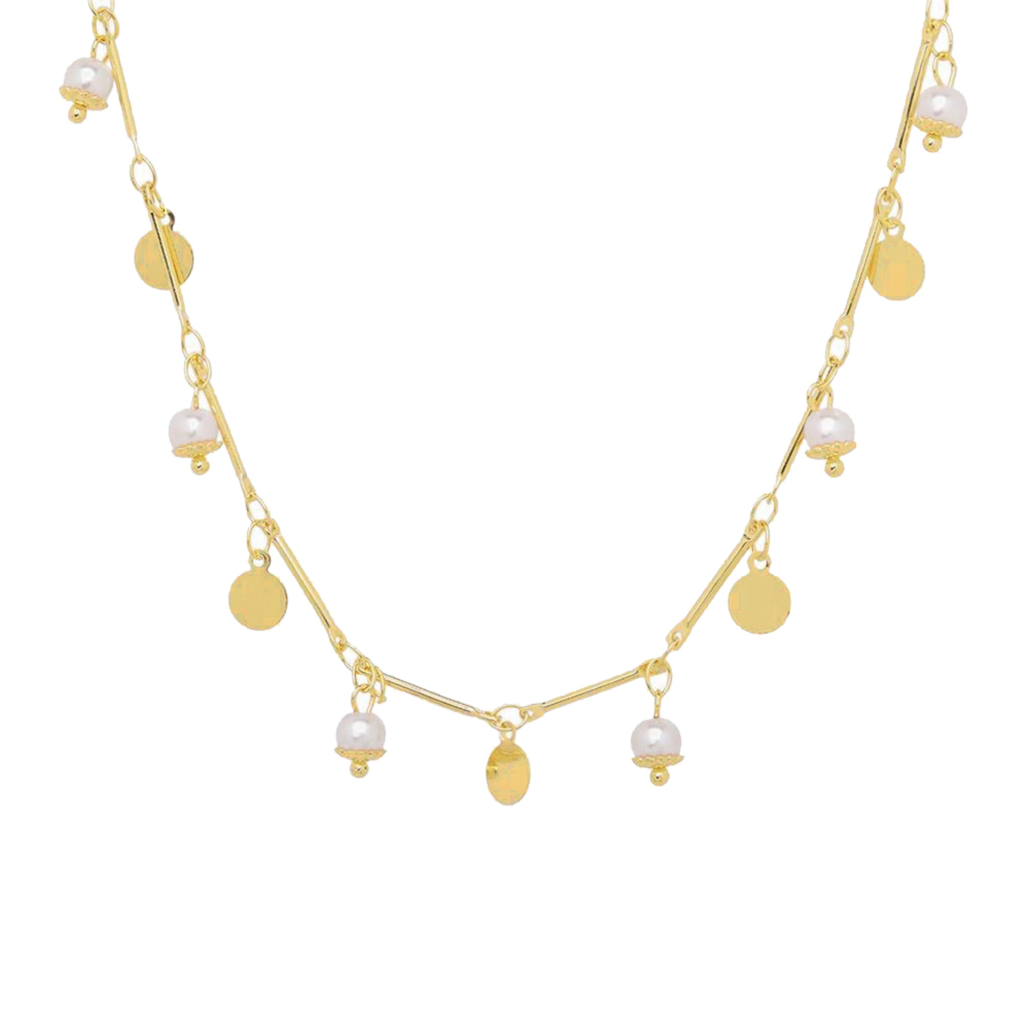 Sheila Fajl Luna Pearl Disc Choker Dangle Charm Necklace in Pearl and Polished Gold Plated