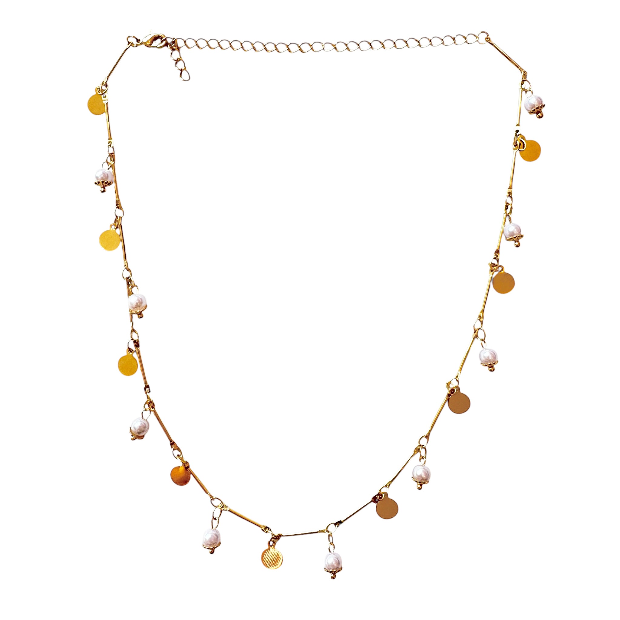Sheila Fajl Luna Pearl Disc Choker Dangle Charm Necklace in Pearl and Polished Gold Plated
