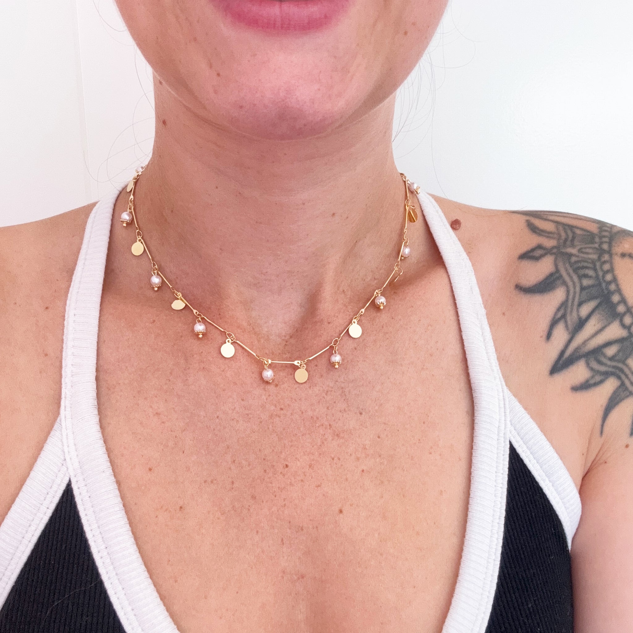 Sheila Fajl Luna Pearl Disc Choker Dangle Charm Necklace in Pearl and Polished Gold Plated