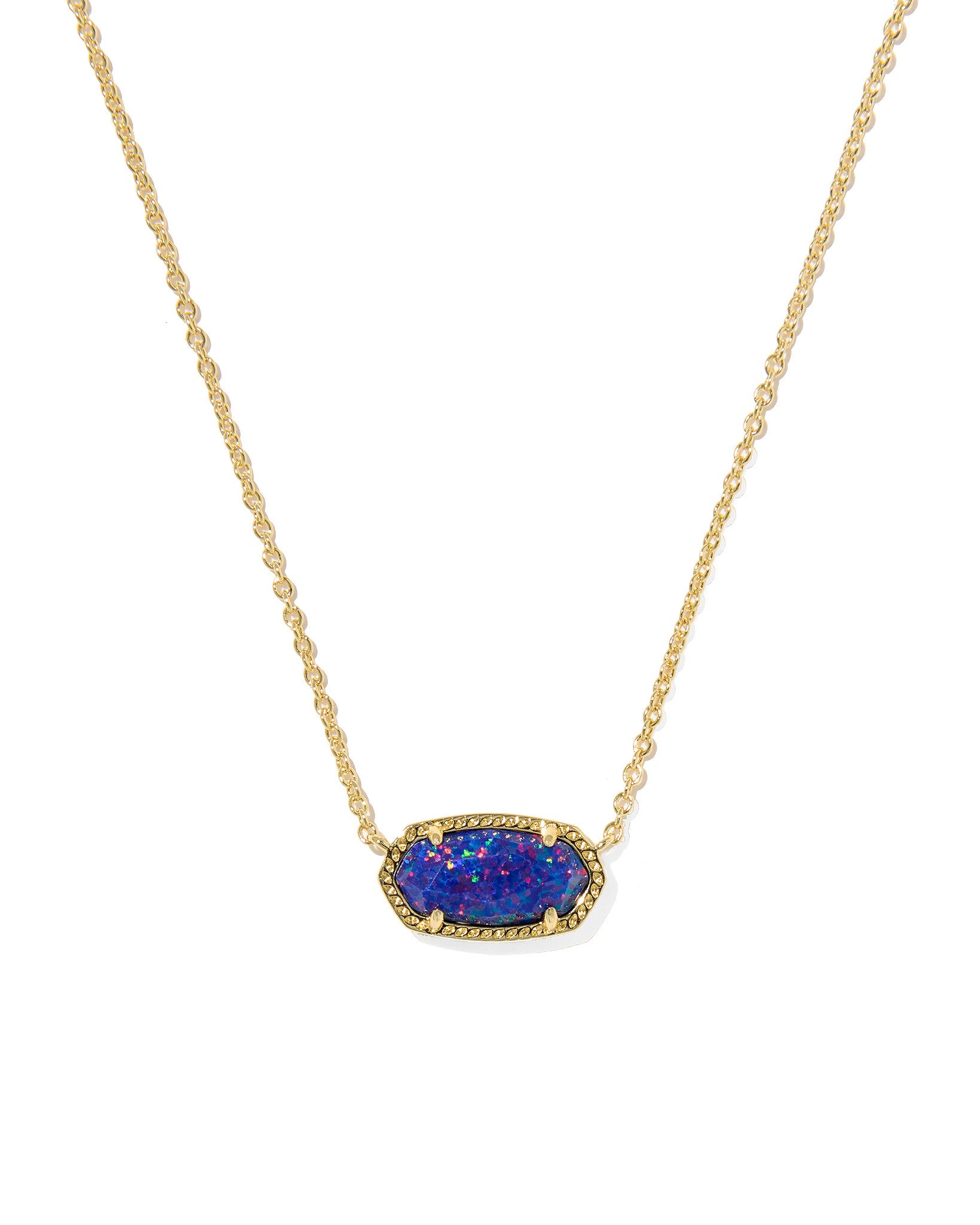 Gold necklace with an oval blue pendant on a white background