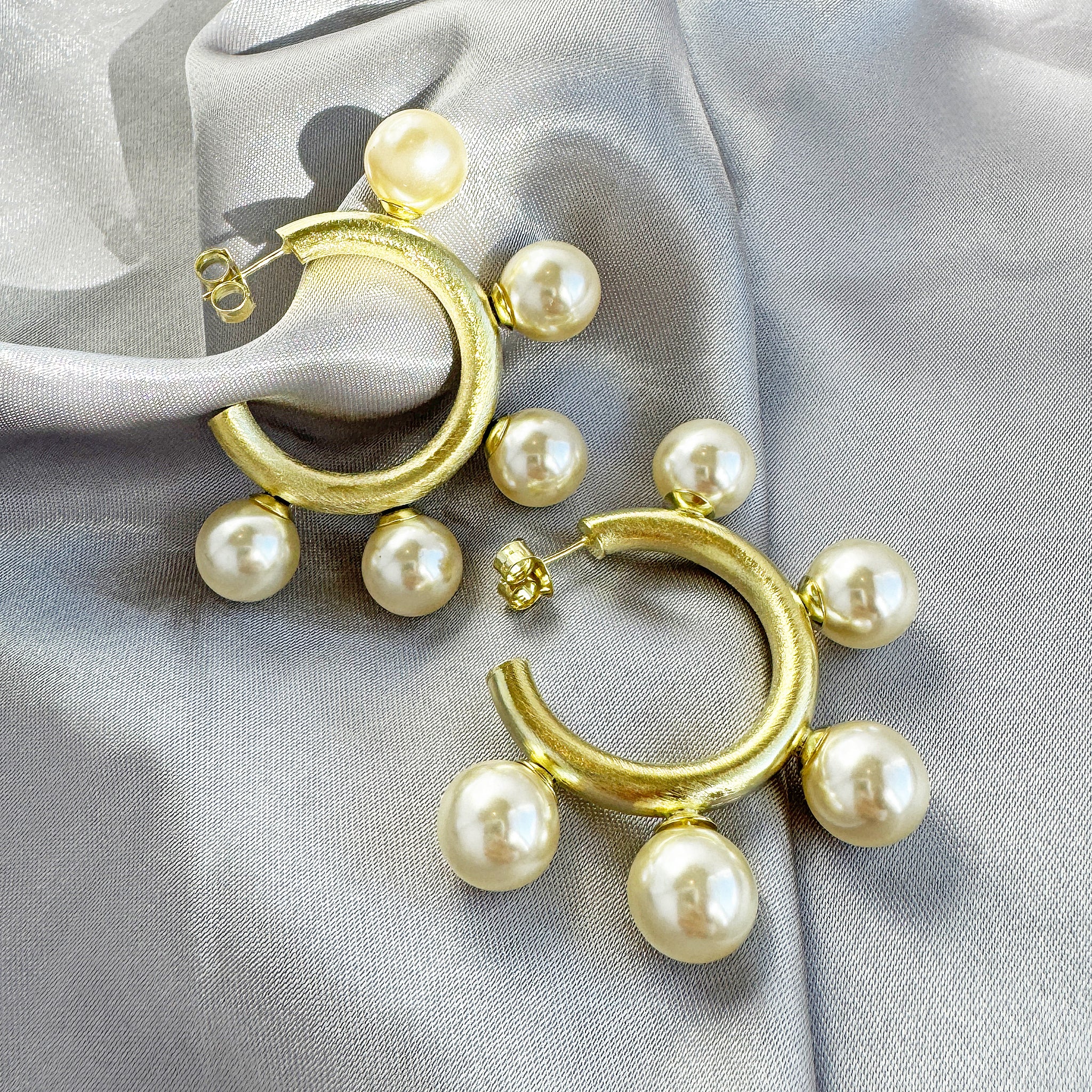 Sheila Fajl Gio Large Pearl Statement Hoop Earrings in Brushed Gold Plated
