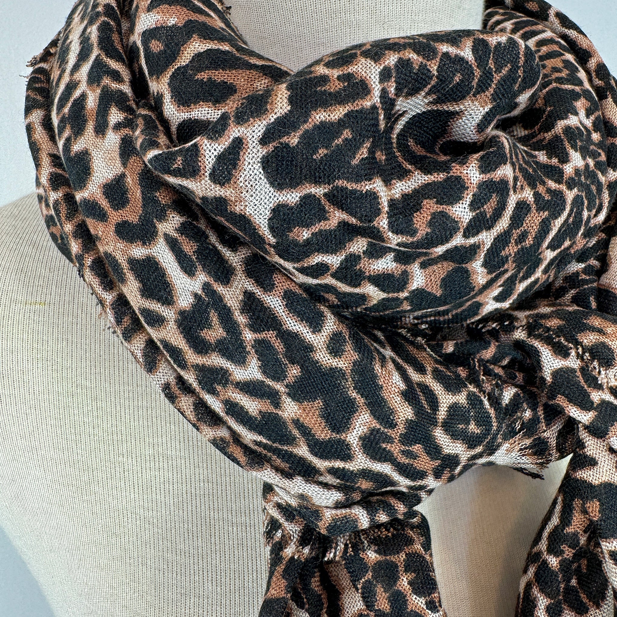 Blue Pacific Leopard Animal Print Micromodal Cashmere Scarf in Chocolate and Tan
