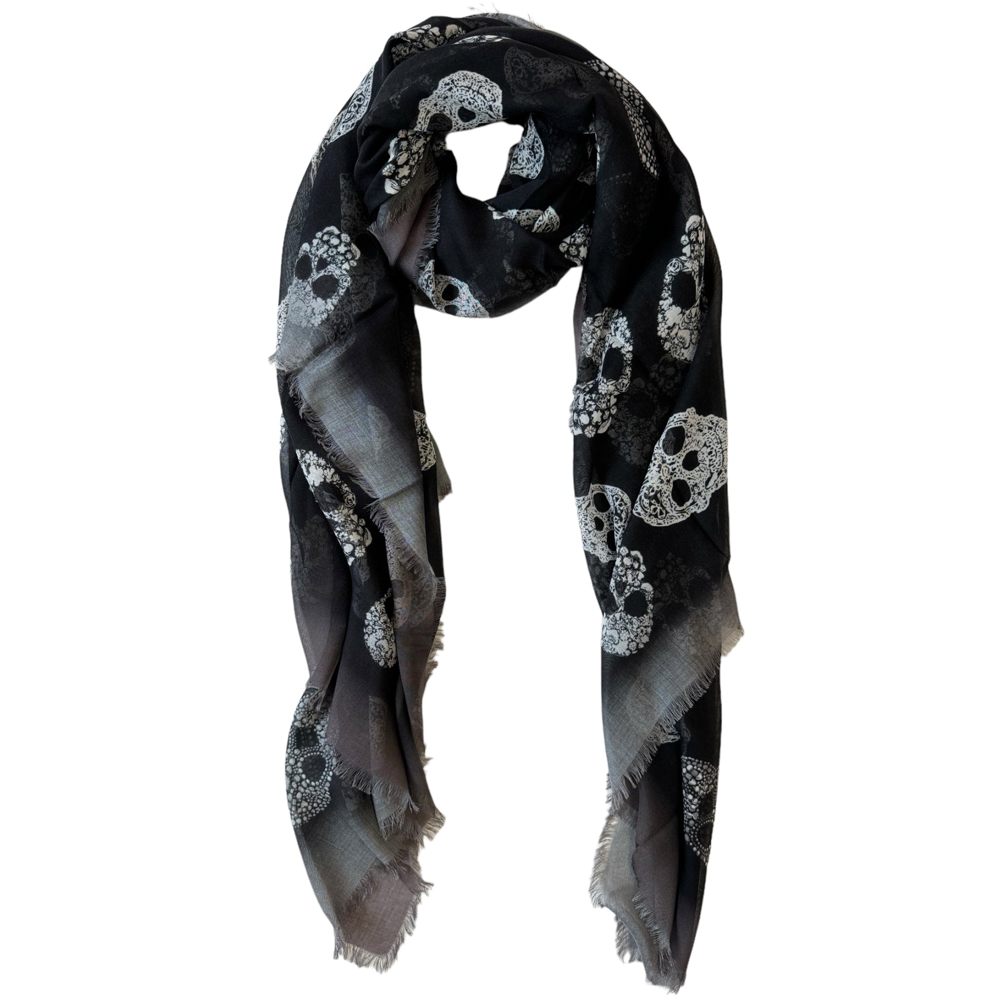 Blue Pacific Modal and Silk Frida Skull Ombre Scarf in Black and Gray Border