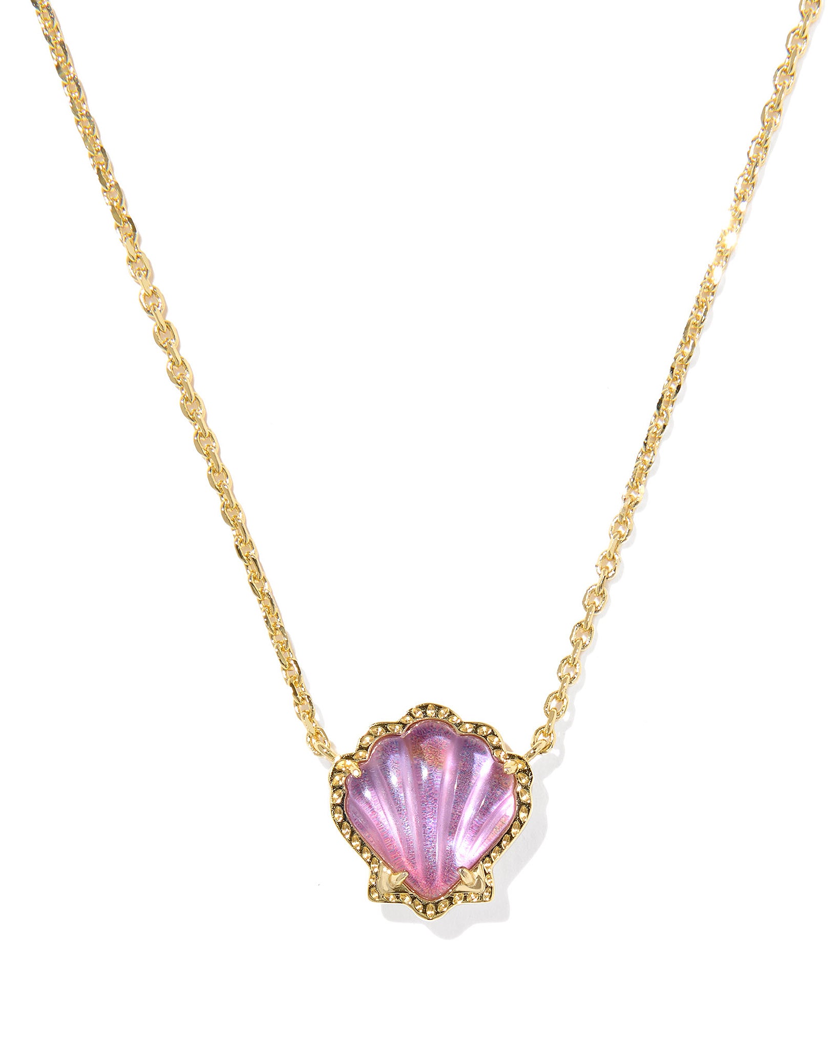 Necklace with a pink shell pendant on a white background