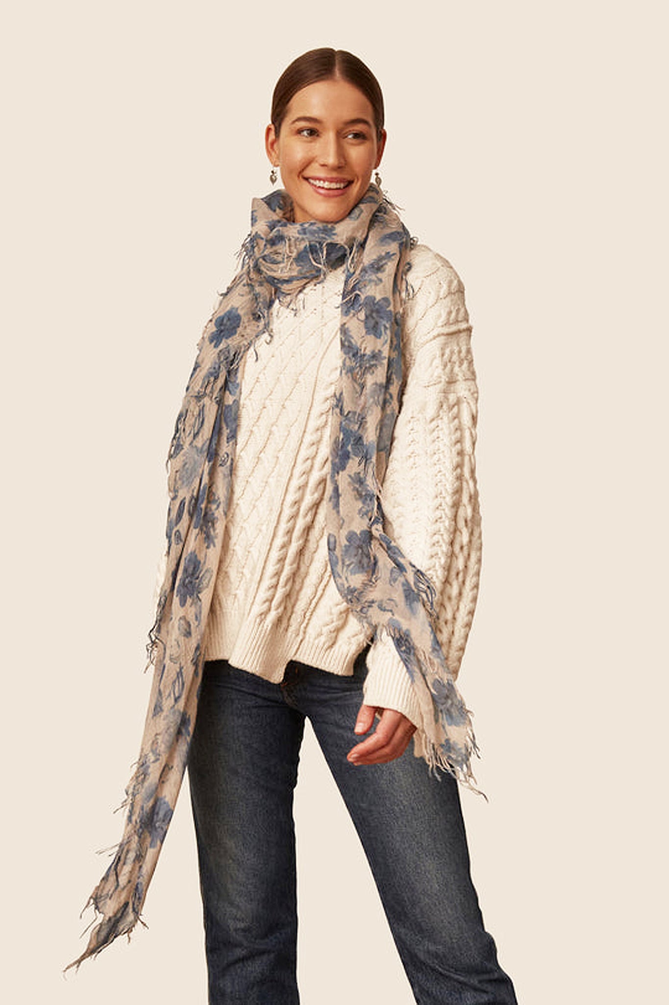 Chan Luu Cashmere and Silk Solid Scarf in Indigo Blue French Floral Jet Stream