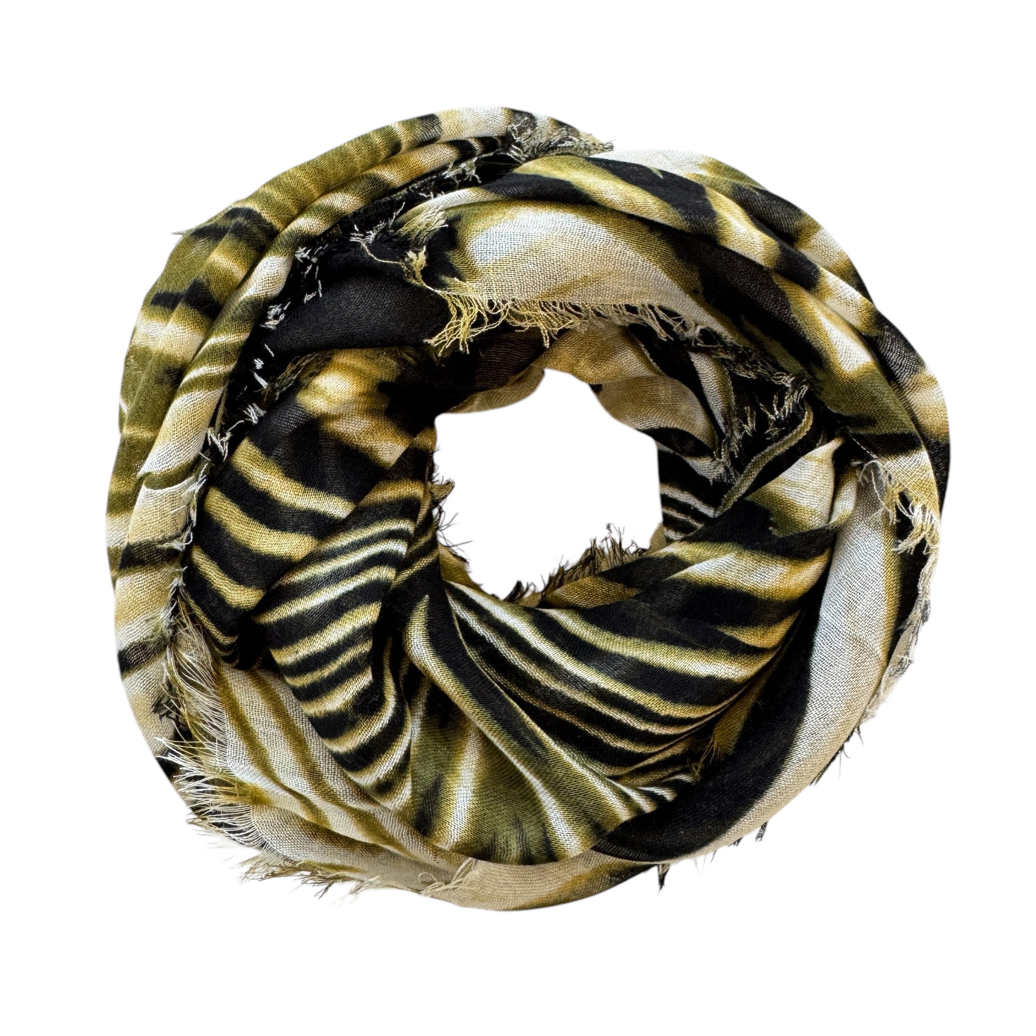 Blue Pacific Animal Safari Silk and Linen Neckerchief Scarf in Olive Green Zebra Print