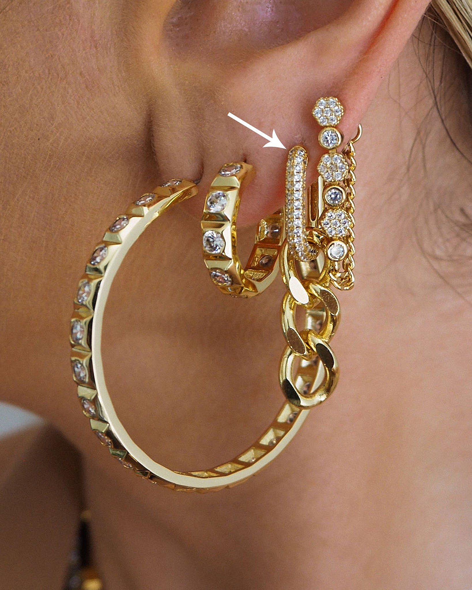 Luv Aj Hanging Pave Chain Link Huggie Hoop Earrings in CZ and Polished Gold