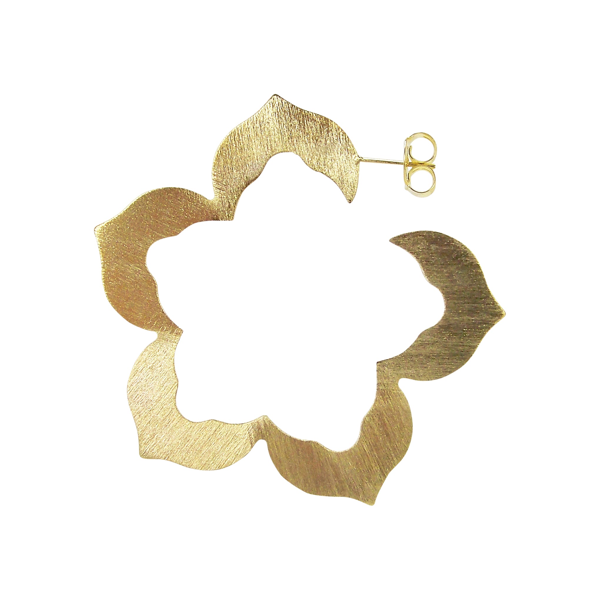 side view of single Sheila Fajl Flora Flower Inspired Hoop Earrings in Brushed Gold Plated