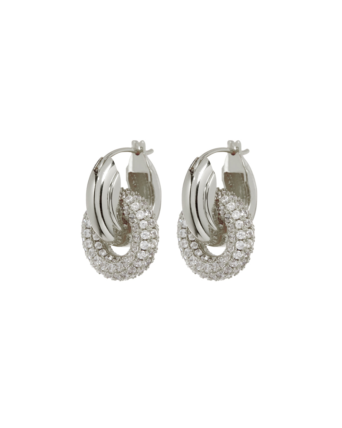 Luv Aj Pave Interlock Hoop Earrings in CZ and Polished Rhodium Plated