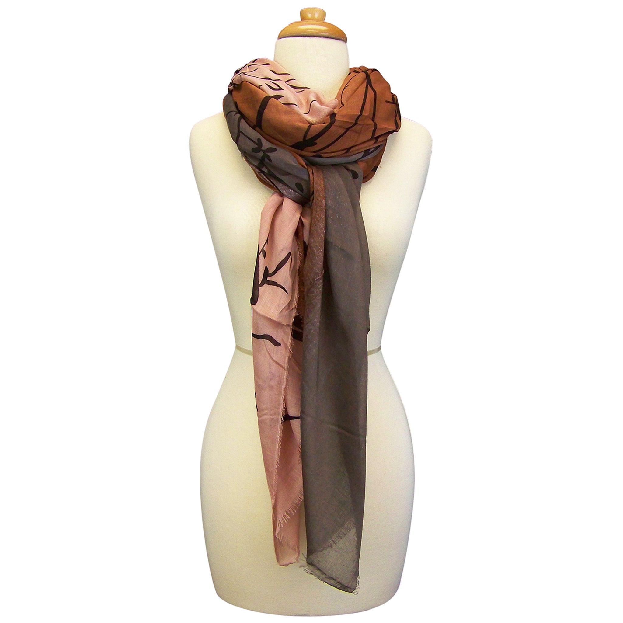 Blue Pacific Tree Print Cashmere and Silk Scarf in Taupe & Rust