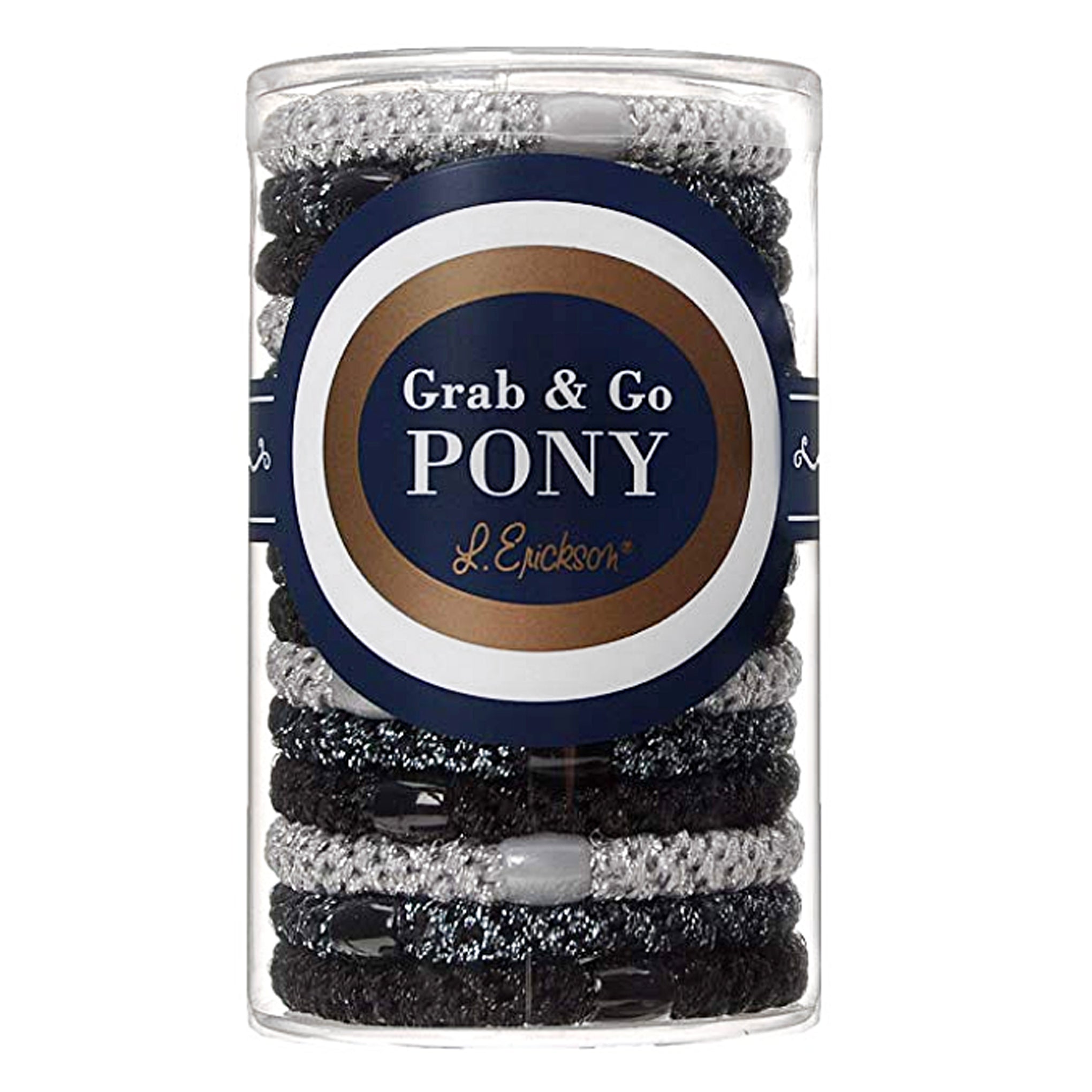 image of L. Erickson Grab and Go Pony Tube Hair Ties in Black Metallic 15 Pack in gift tube