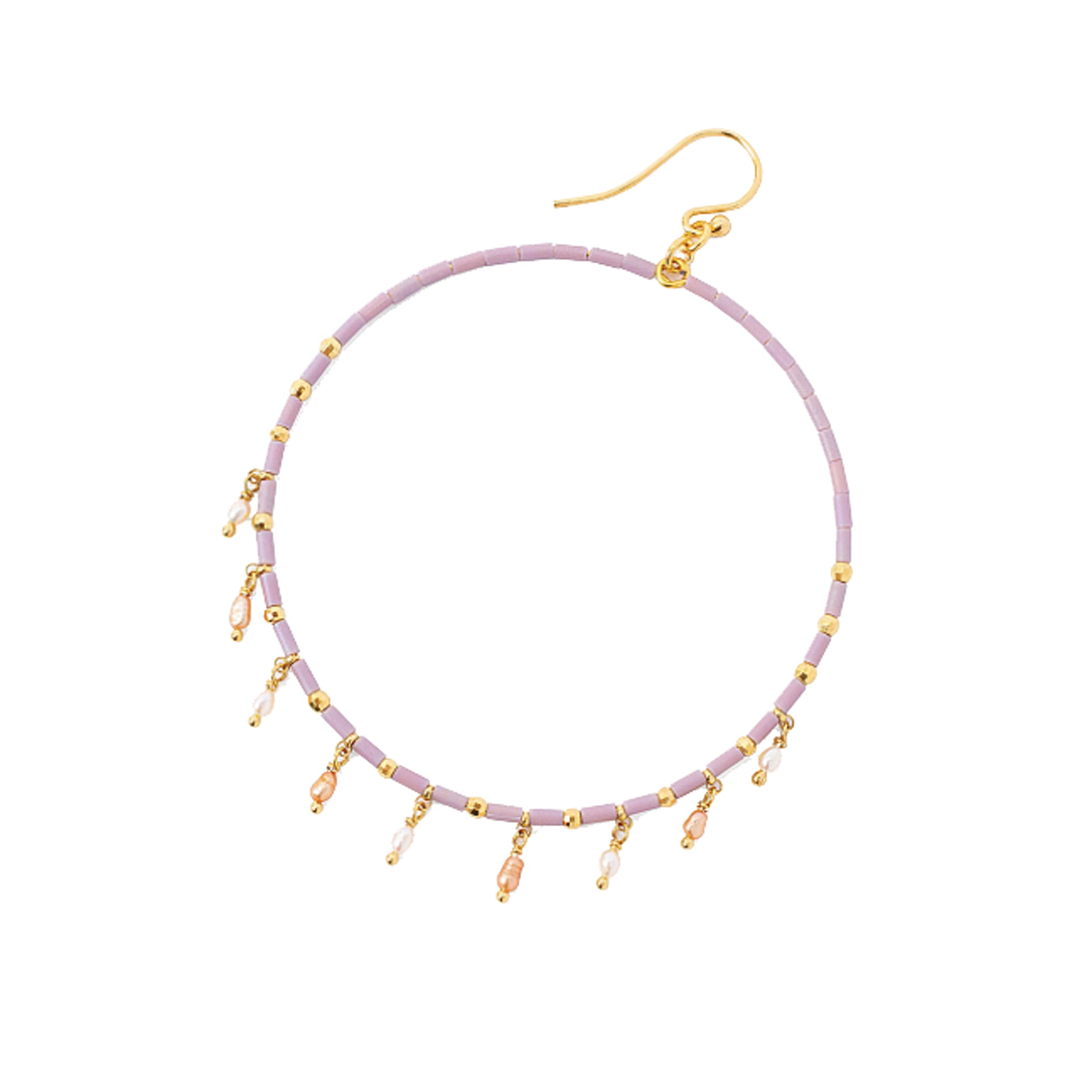 Chan Luu Gold Hoop Earrings in Mauve Seed Beads with Pearl Charms