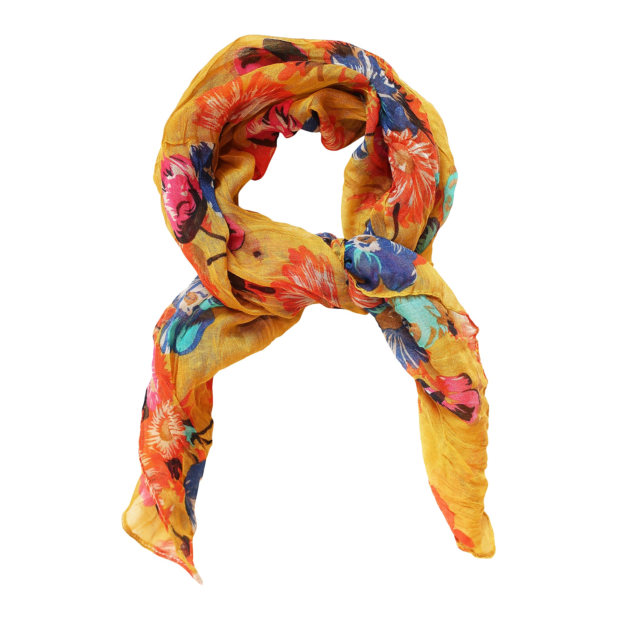Blue Pacific French Flower Cotton Neckerchief Scarf in Mustard Yellow