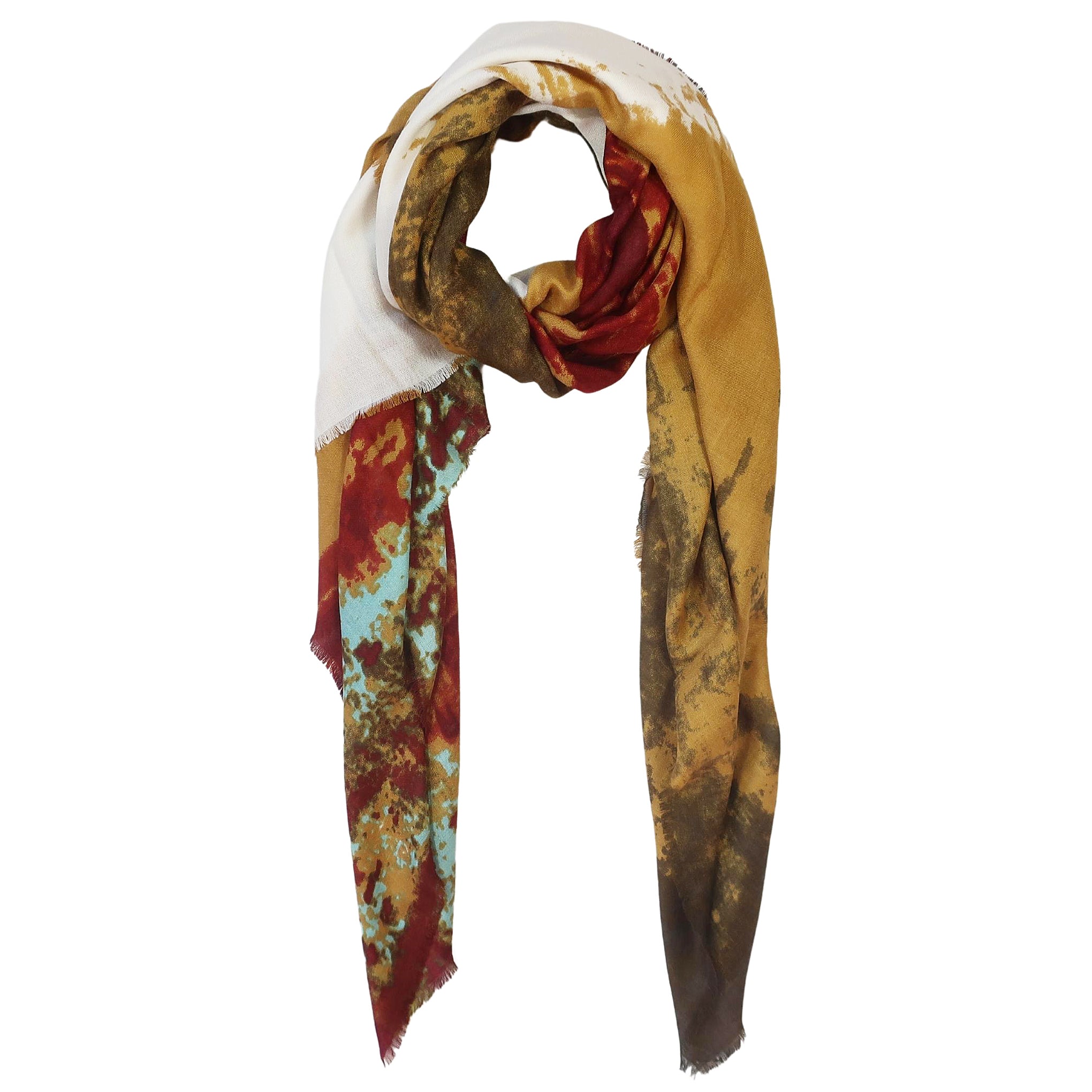 Blue Pacific Modal and Cashmere Scarf in Watercolor Mustard Yellow and Red