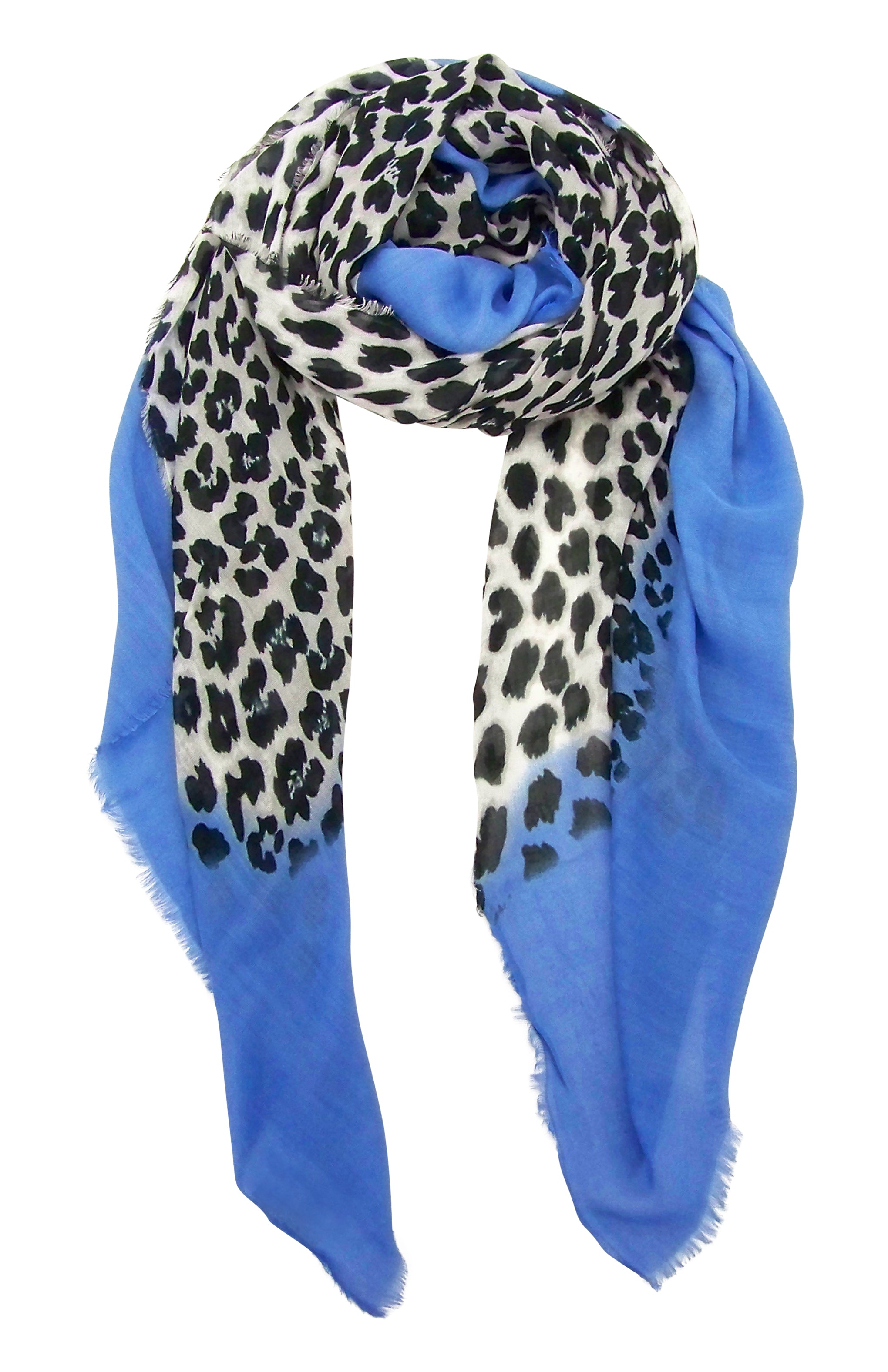 Blue Pacific Animal Print Cashmere Silk Scarf in Denim and Snow 78 x 22