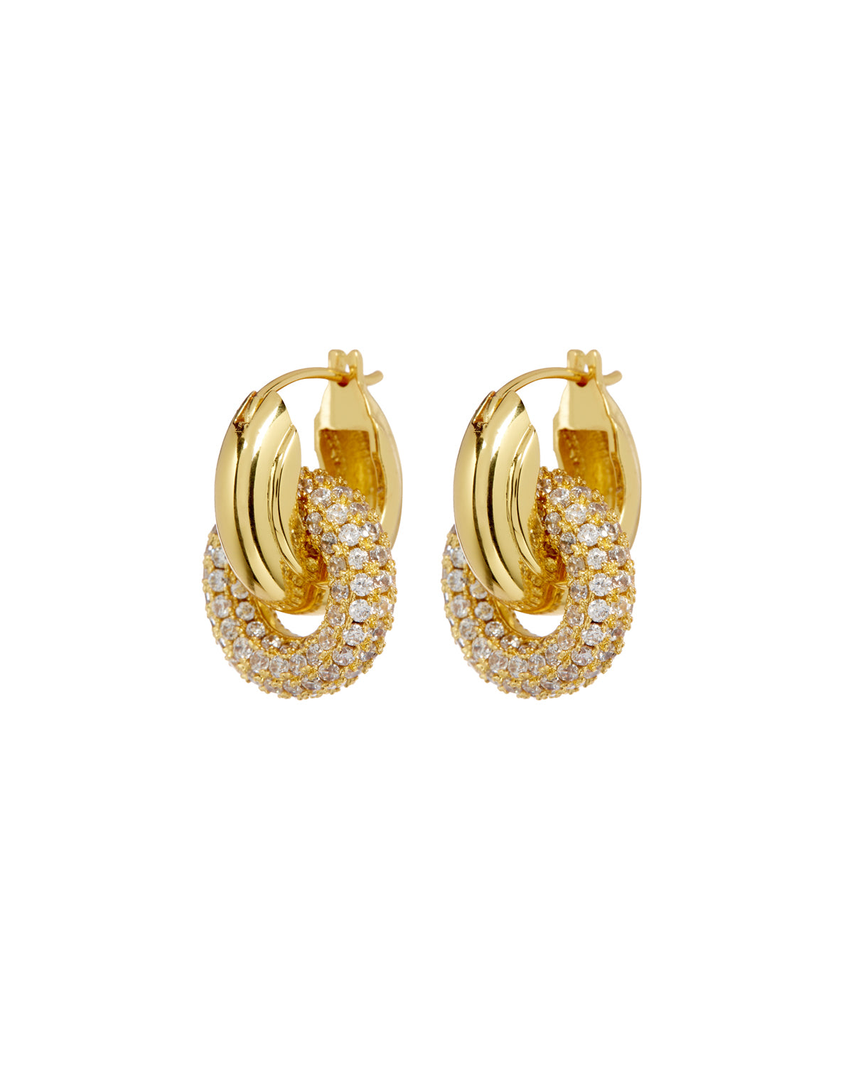 Luv Aj Pave Interlock Hoop Earrings in CZ and Polished 14k Antique Gold Plated