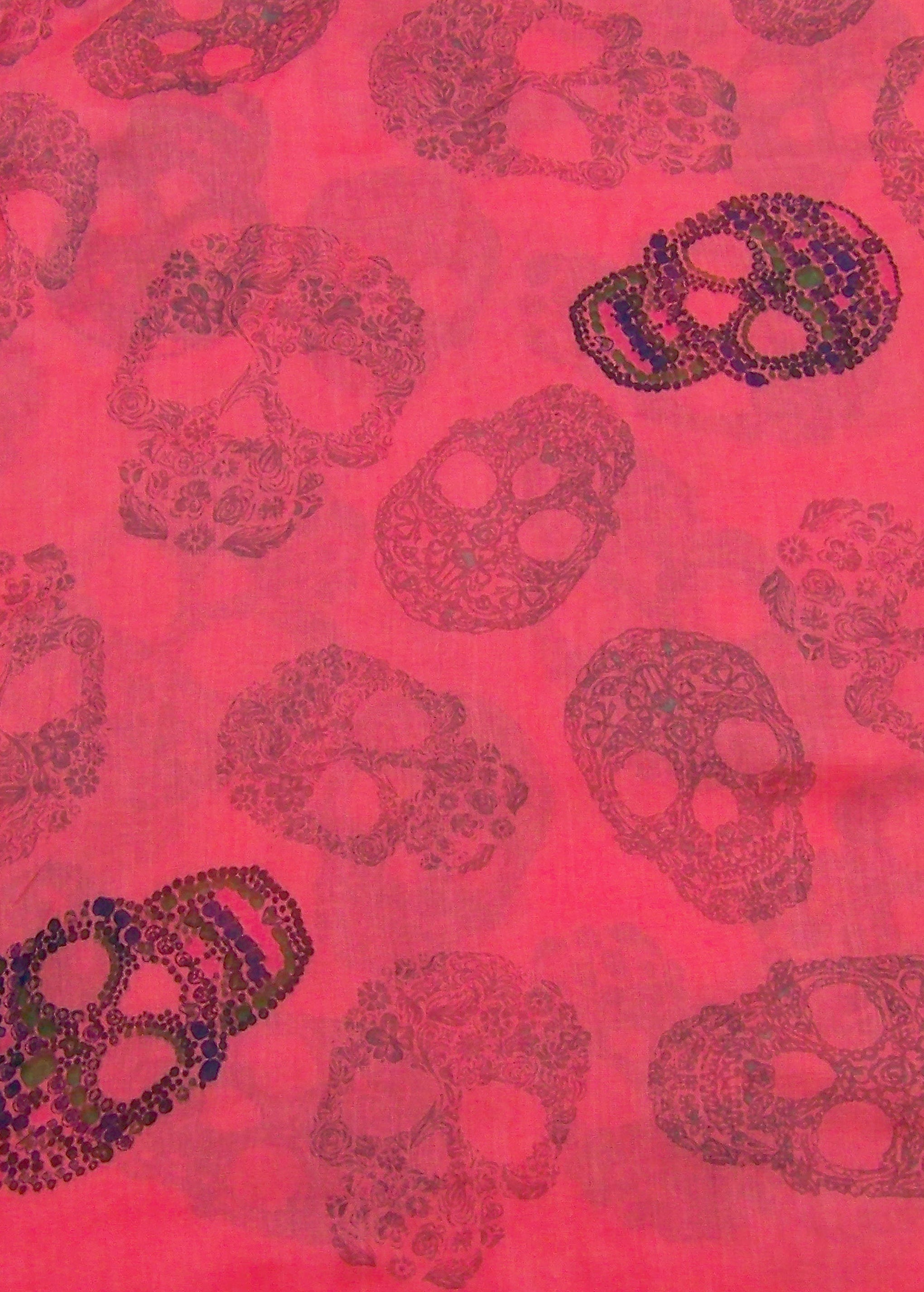 Fabric Detail View Blue Pacific Frida Cashmere and Silk Scarf with Skulls in Sugar Coral