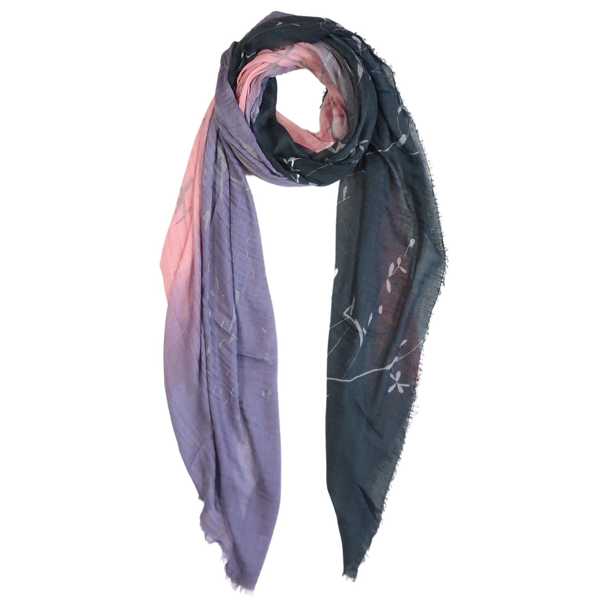 Blue Pacific Tree Print Cashmere and Silk Scarf in Denim and Pink