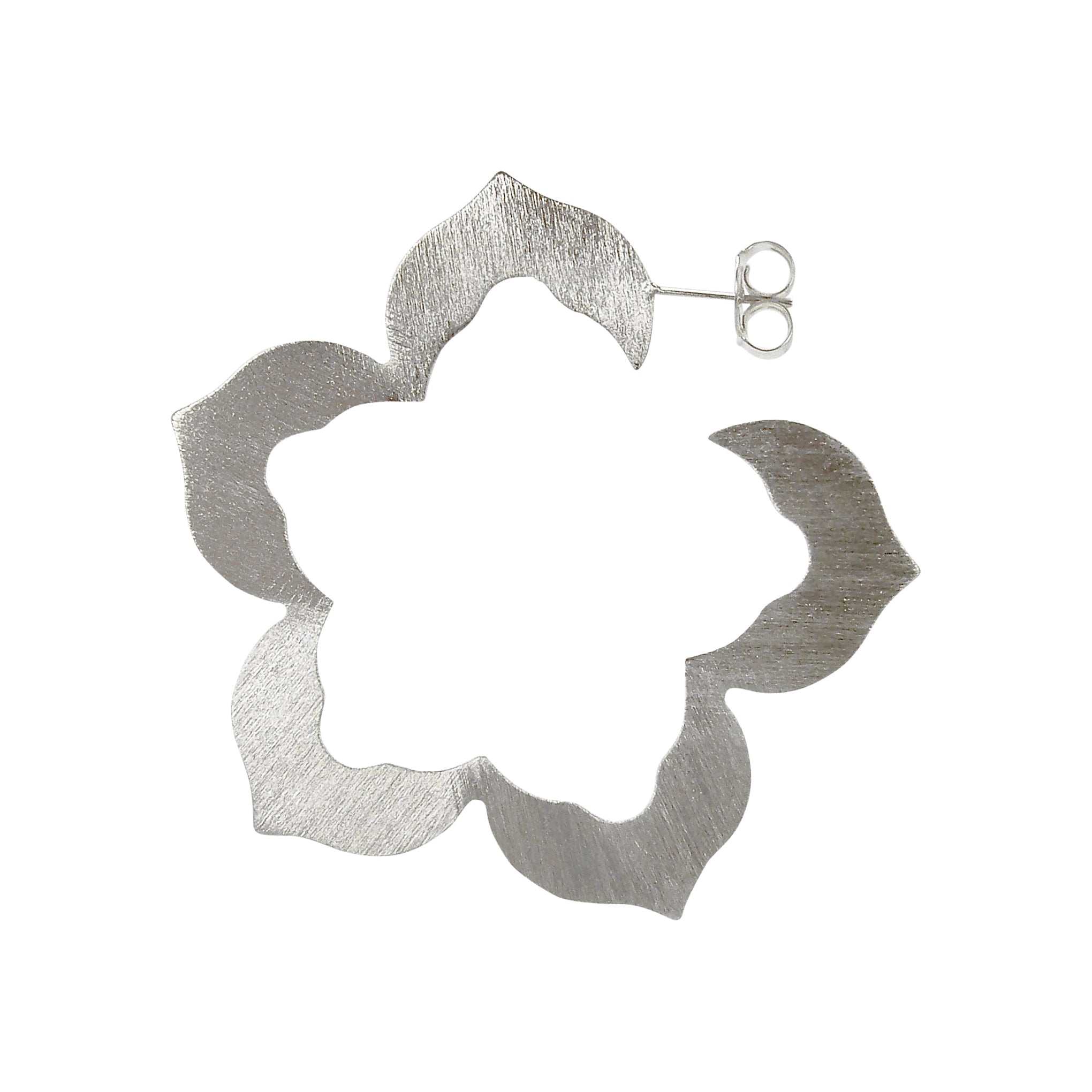single side image of Sheila Fajl Flora Flower Inspired Hoop Earrings in Brushed Silver Plated